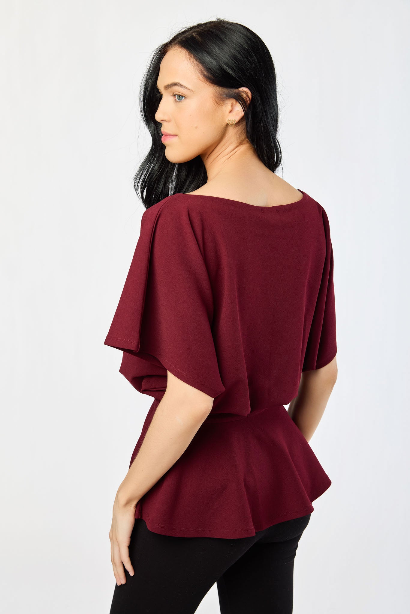 Stretch Crepe Batwing Peplum Top with Tie-Belt