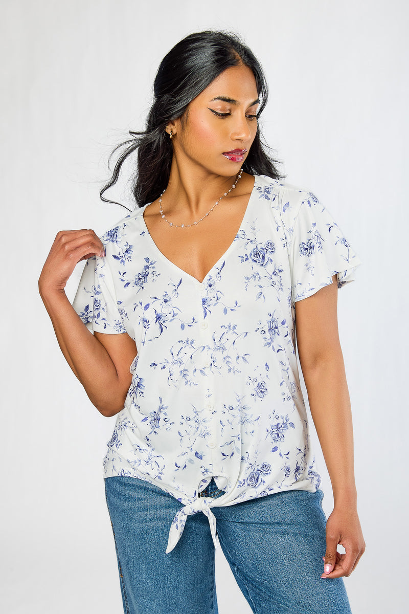 【rosymonster】flutter flower couture tops Small Roses Flutter Sleeve Tie-Front Top – Eclipse