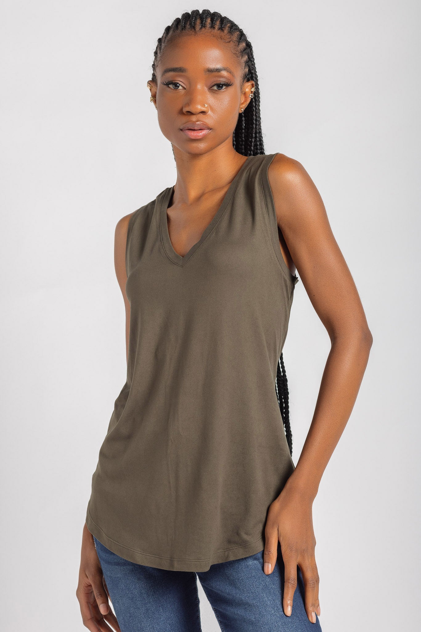 Sleeveless V-Neck Top with Shirttail Hem