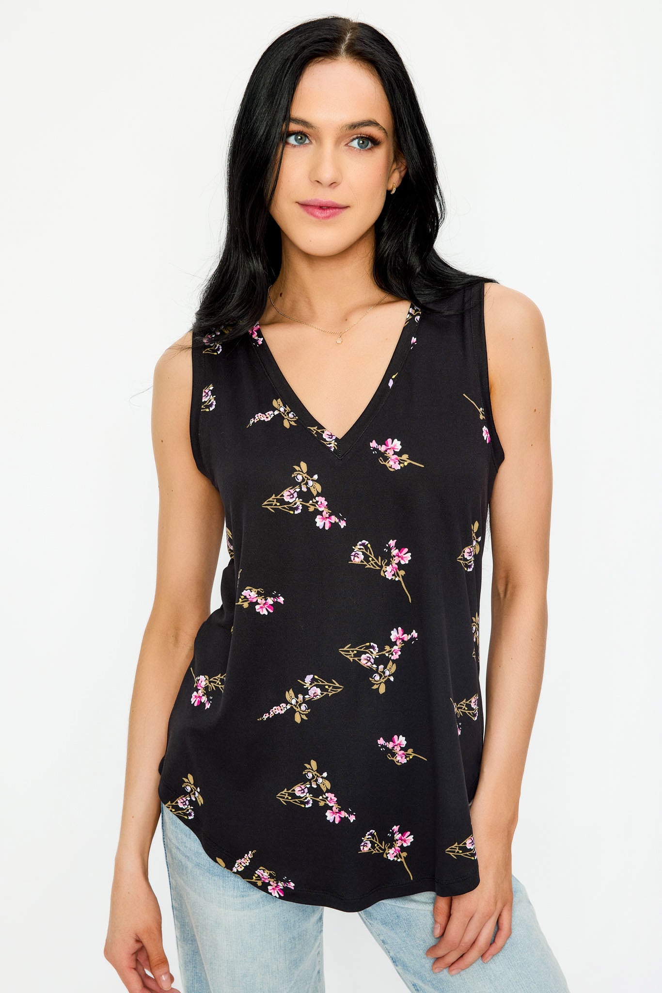 Small Floral Brushed Sleeveless V-Neck Top