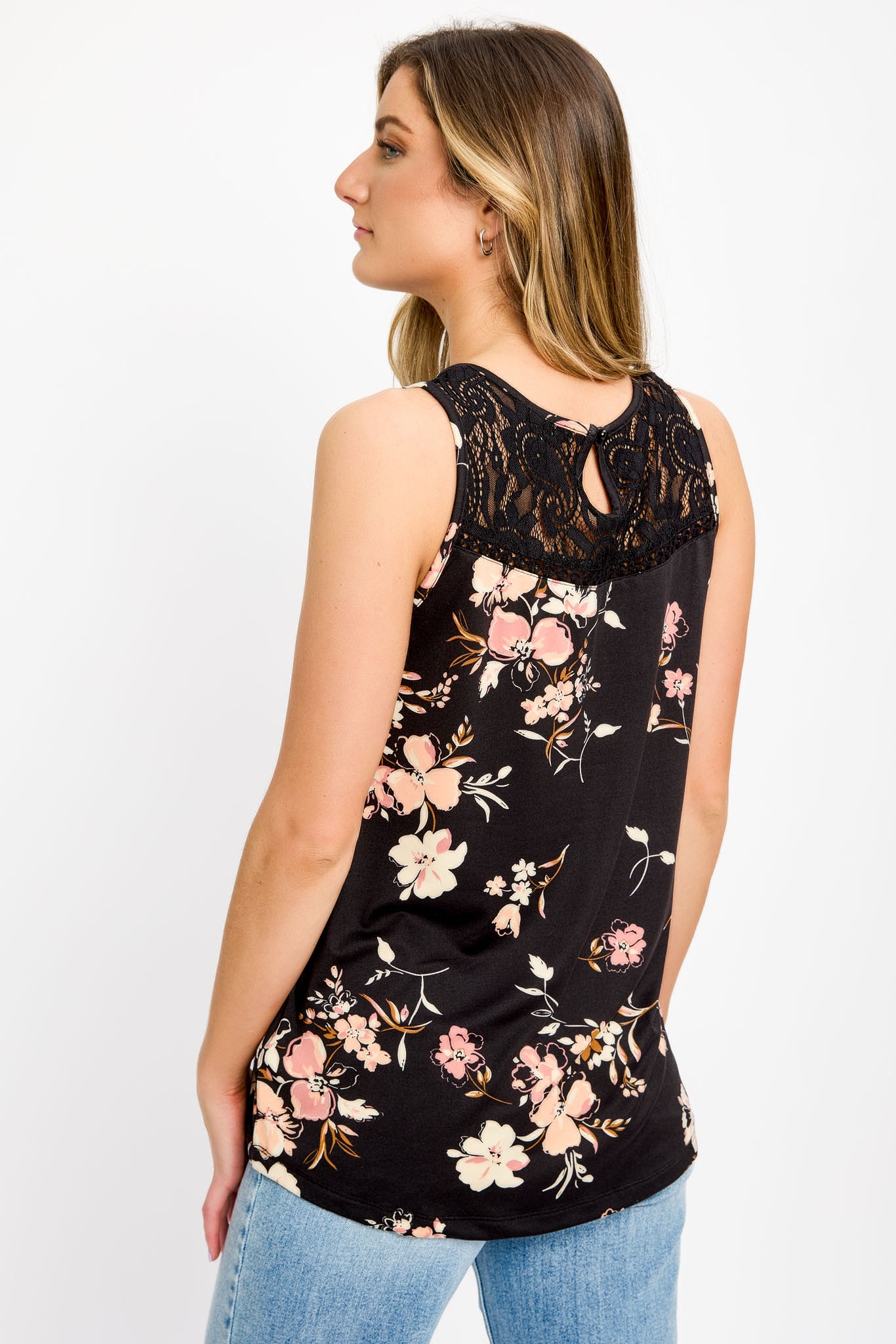 Floral Sleeveless Top with Lace Trim