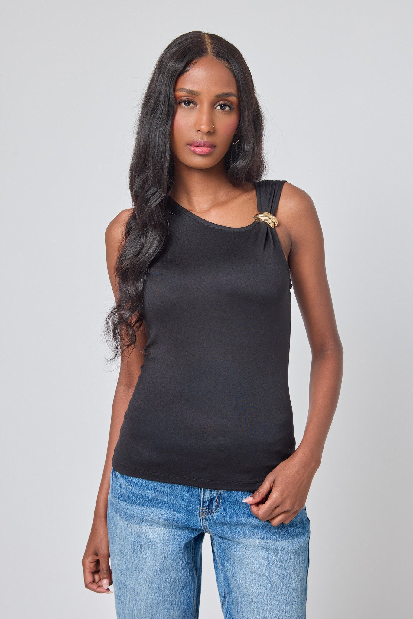 その他 SALSATION Asymmetric Tank BlueDenim S Asymmetrical Sleeveless Tank with Gold Hardware – Eclipse
