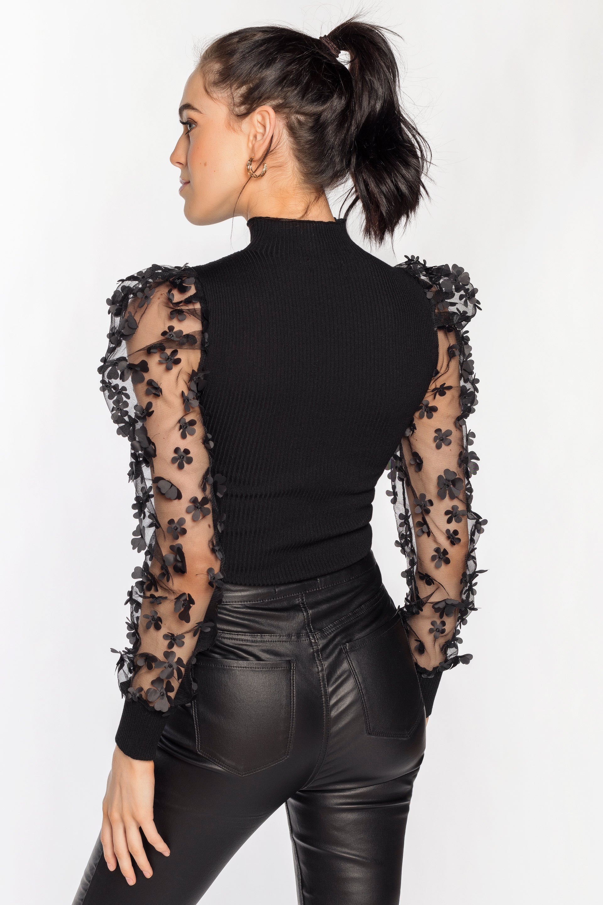 Ribbed Sweater with Floral Illusion Sleeves