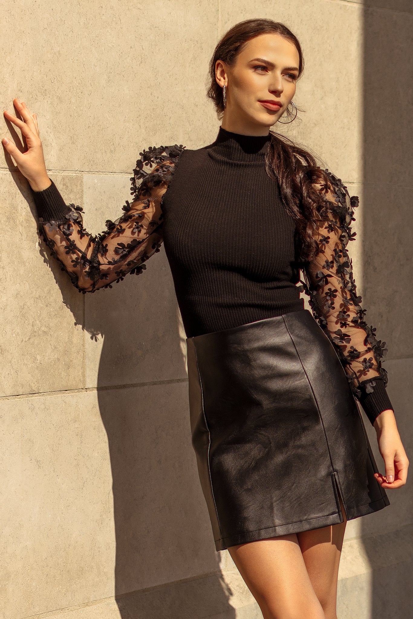 Ribbed Sweater with Floral Illusion Sleeves