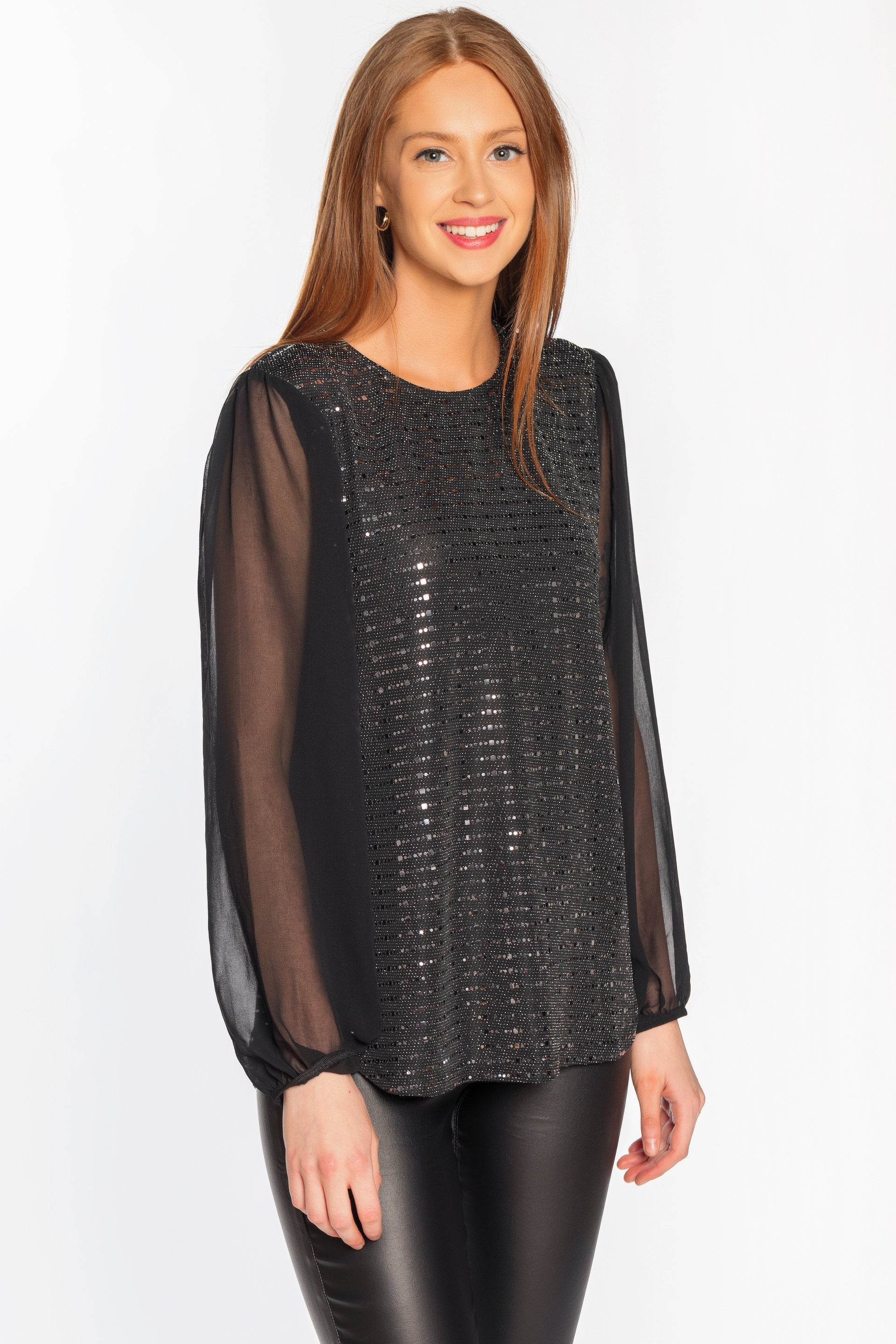 Sequin Blouse with Chiffon Balloon Sleeves