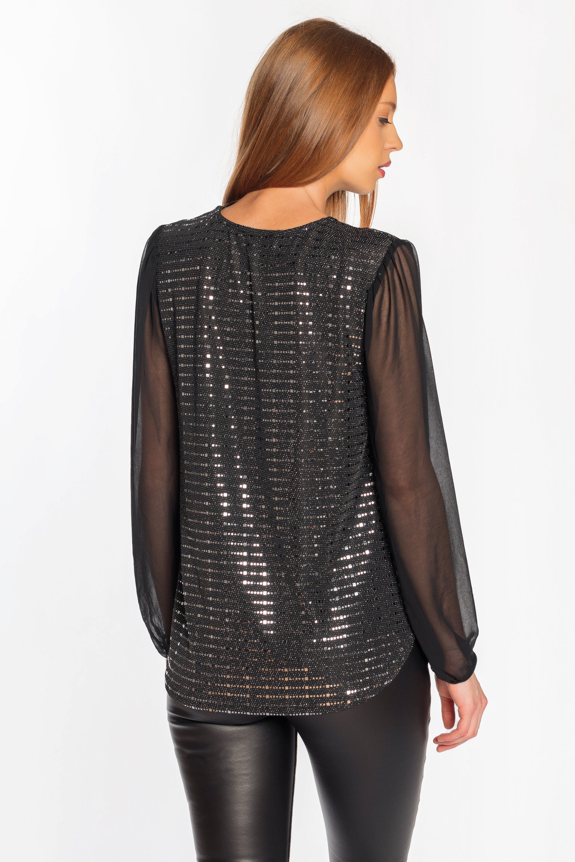 Sequin Blouse with Chiffon Balloon Sleeves