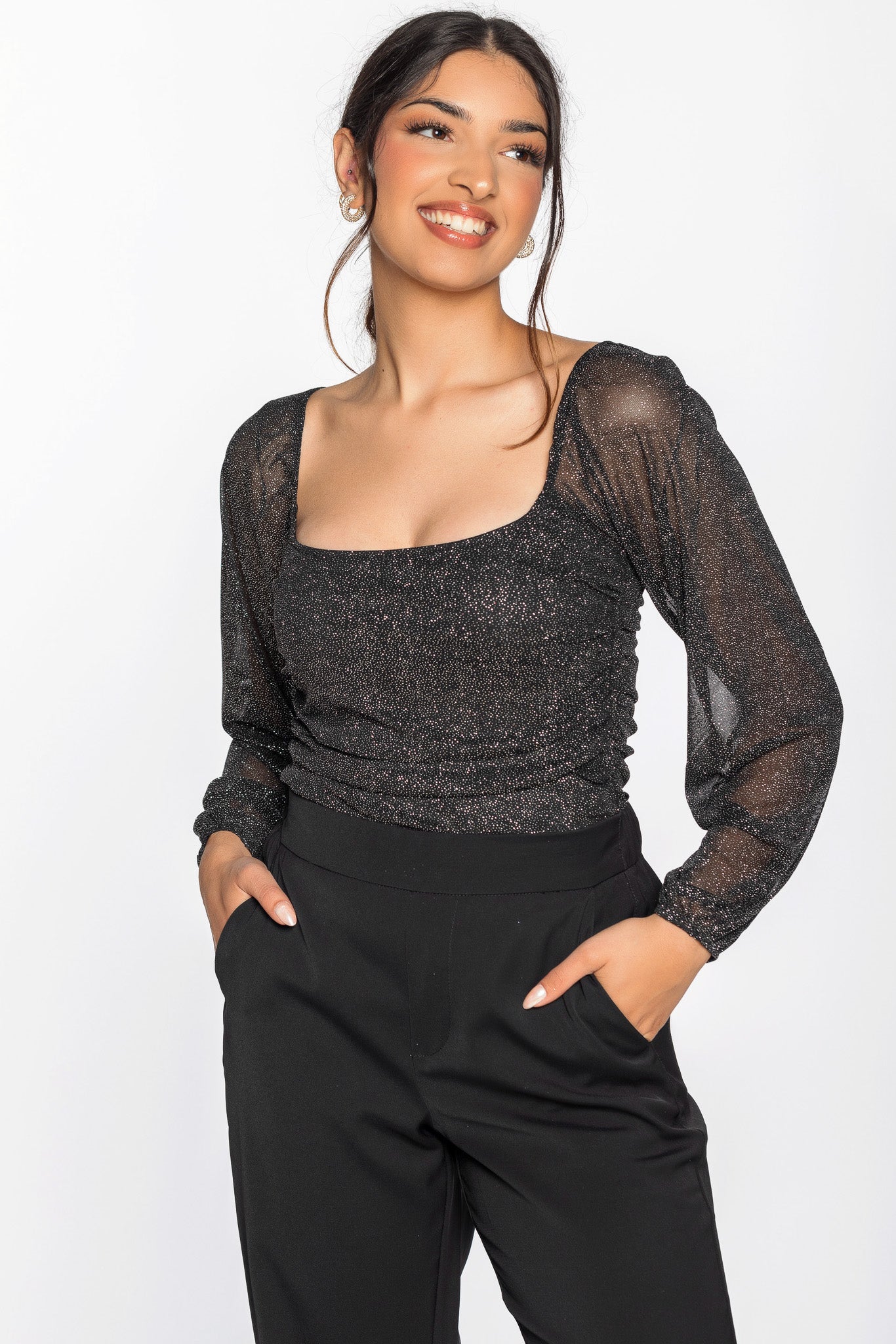Glitter Mesh Balloon Sleeve Bodysuit