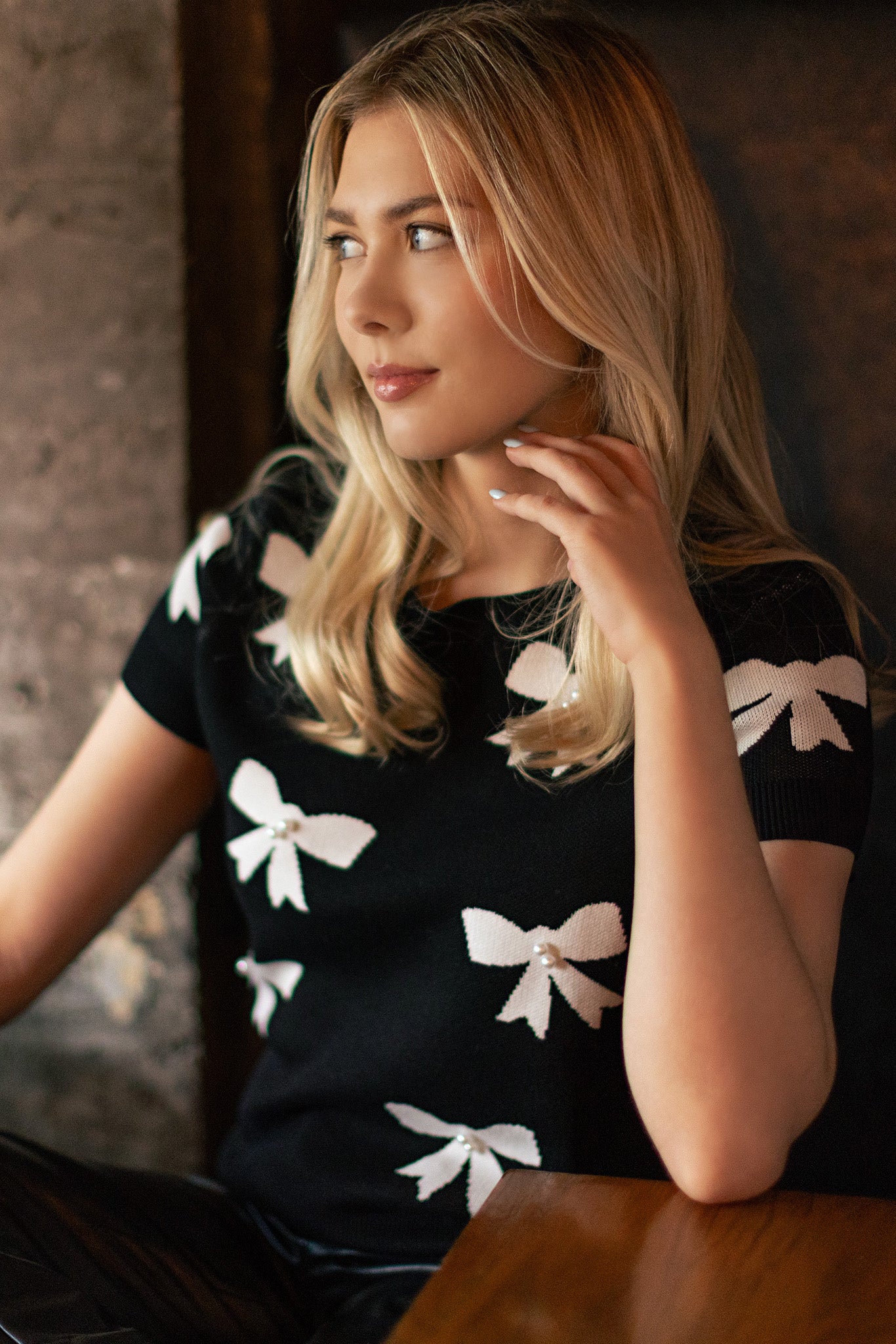 Bow Jacquard Short-Sleeve Sweater