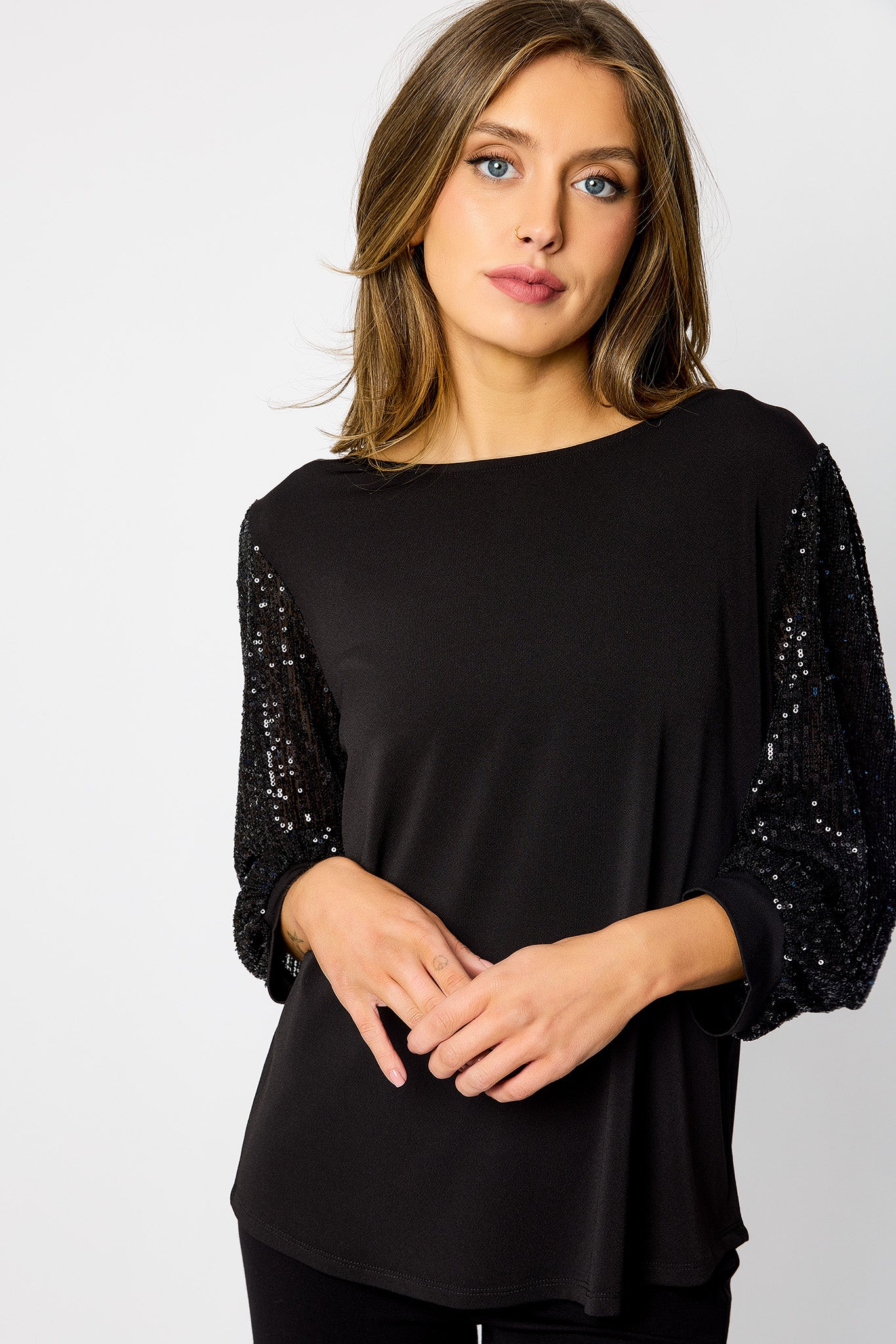Crepe Crew-Neck Top with Sequin Balloon Sleeves