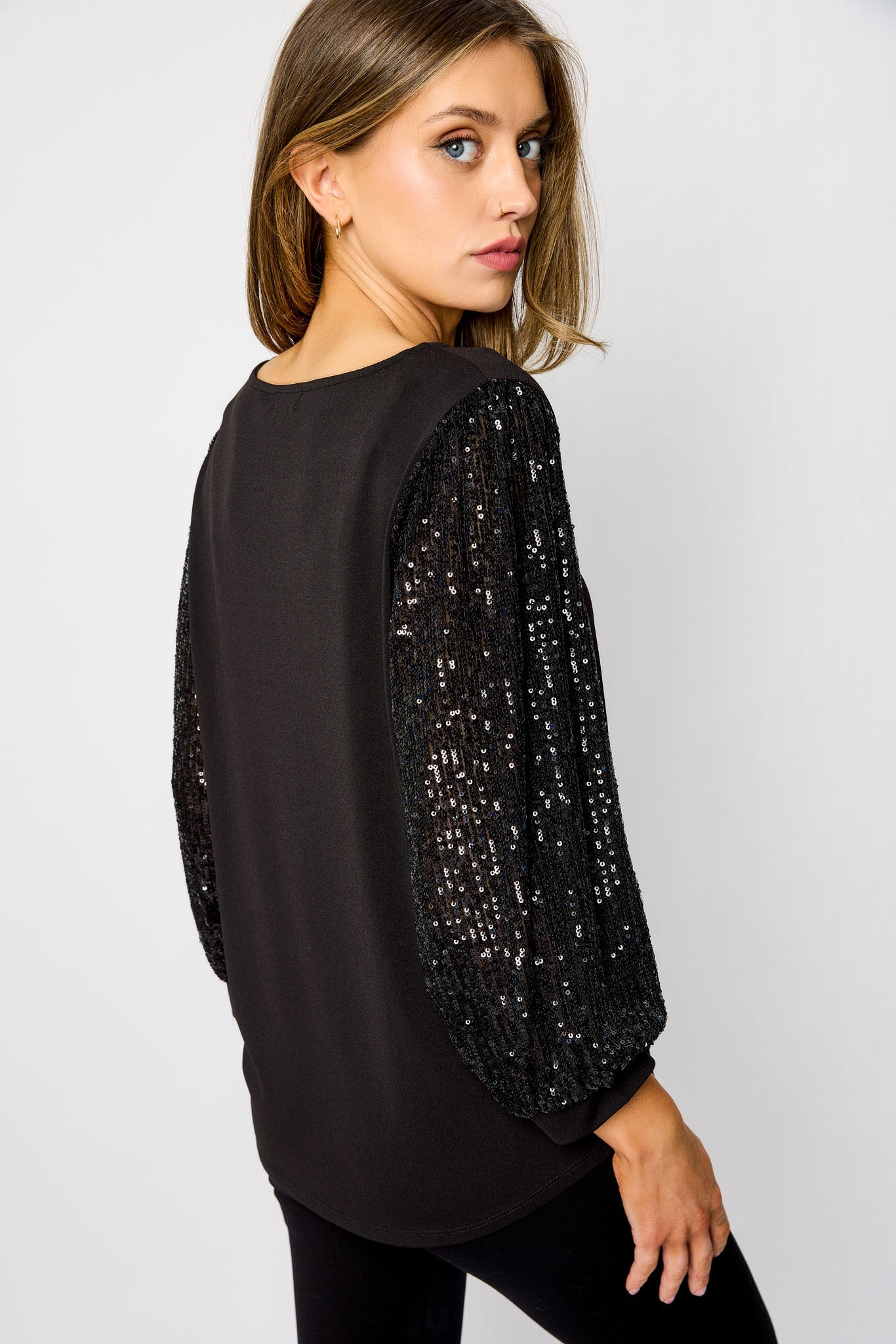 Crepe Crew-Neck Top with Sequin Balloon Sleeves