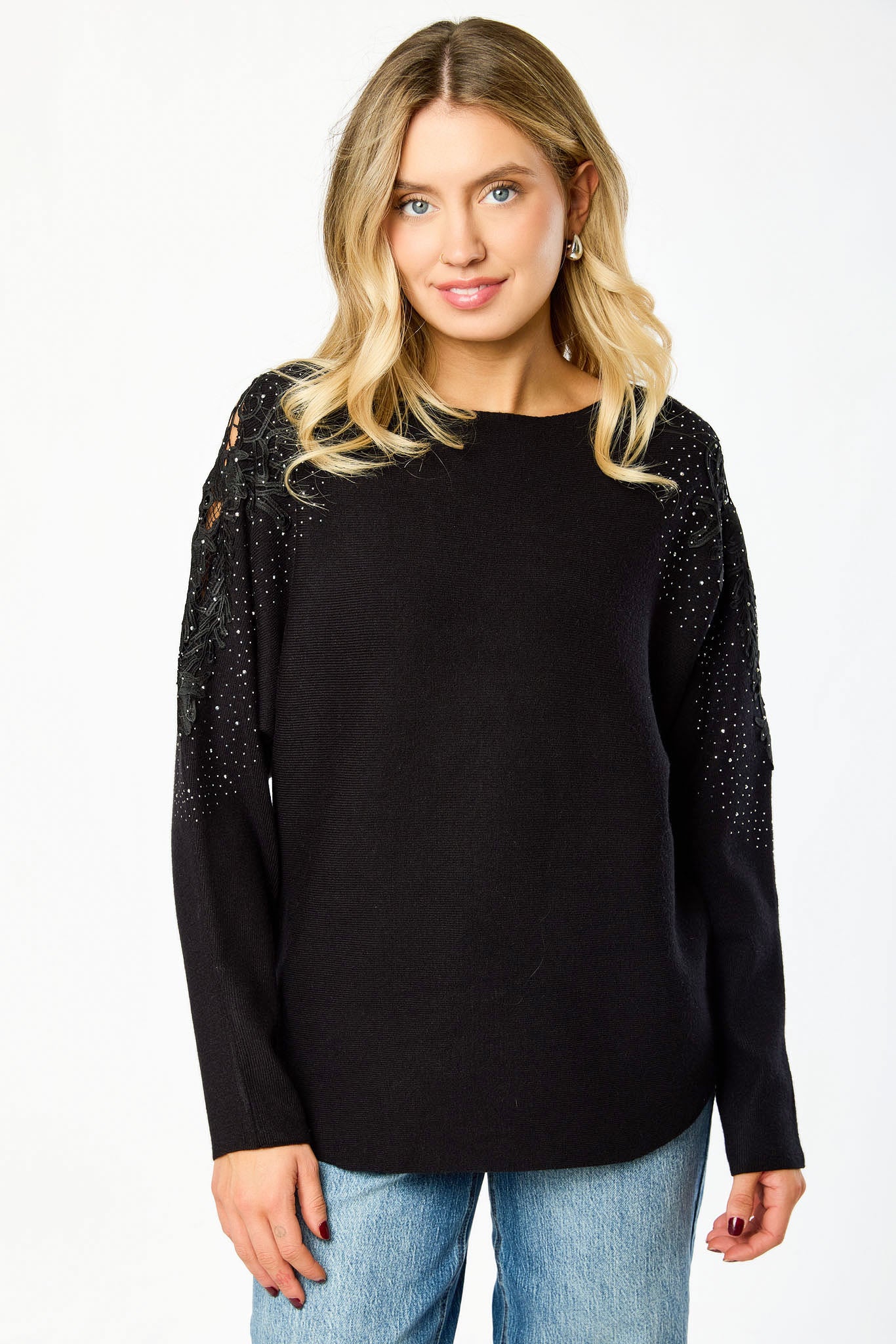 Crew-Neck Long-Sleeve Cold-Shoulder Sweater with Crochet Applique and Rhinestones