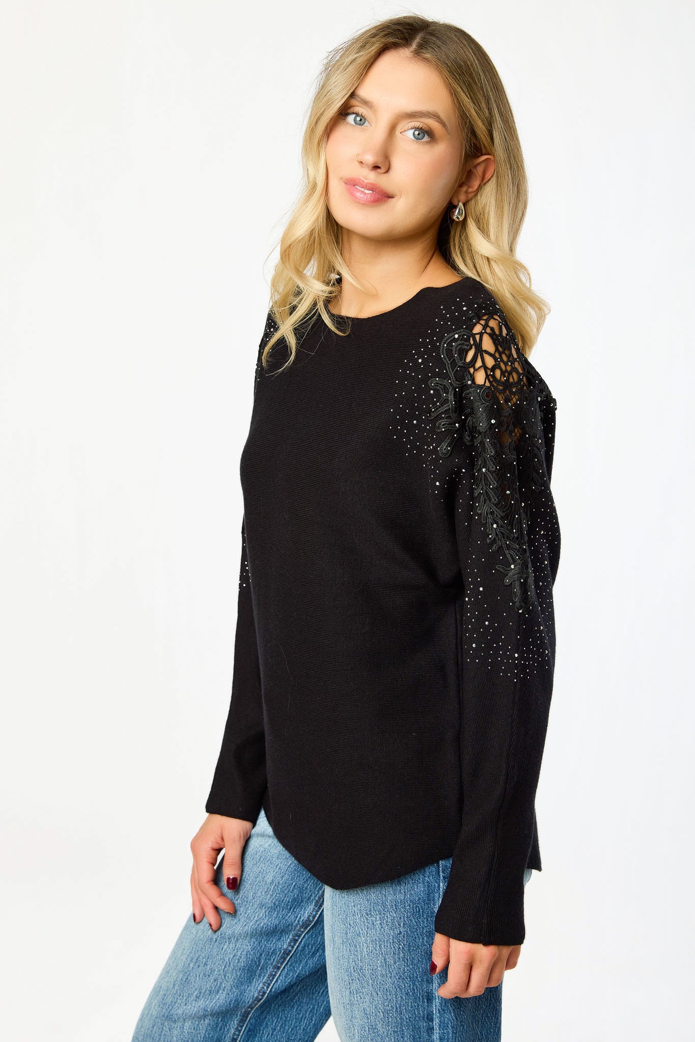 Crew-Neck Long-Sleeve Cold-Shoulder Sweater with Crochet Applique and Rhinestones