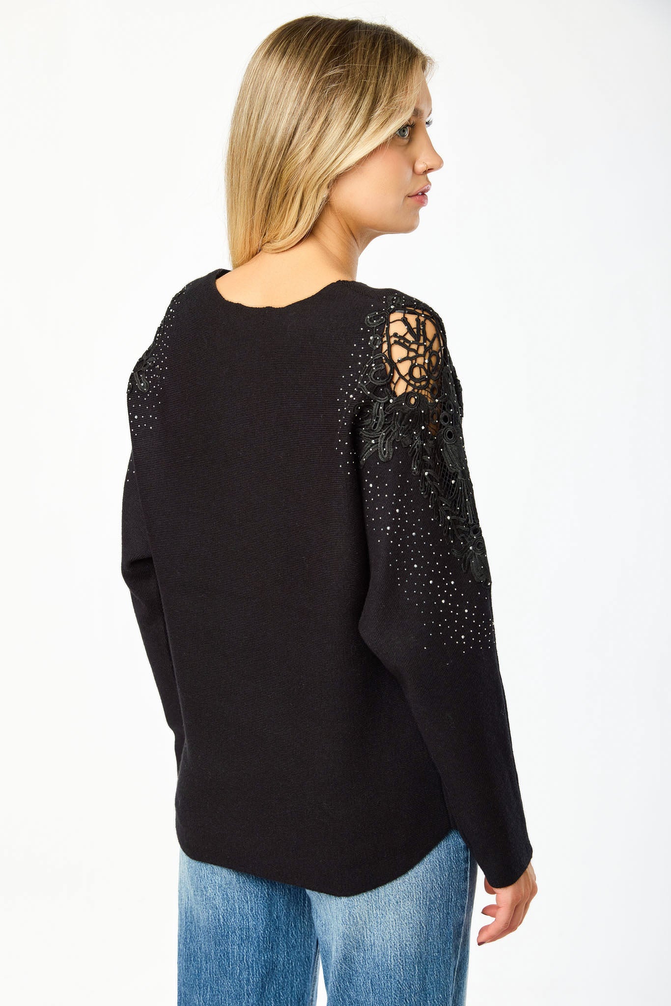 Crew-Neck Long-Sleeve Cold-Shoulder Sweater with Crochet Applique and Rhinestones