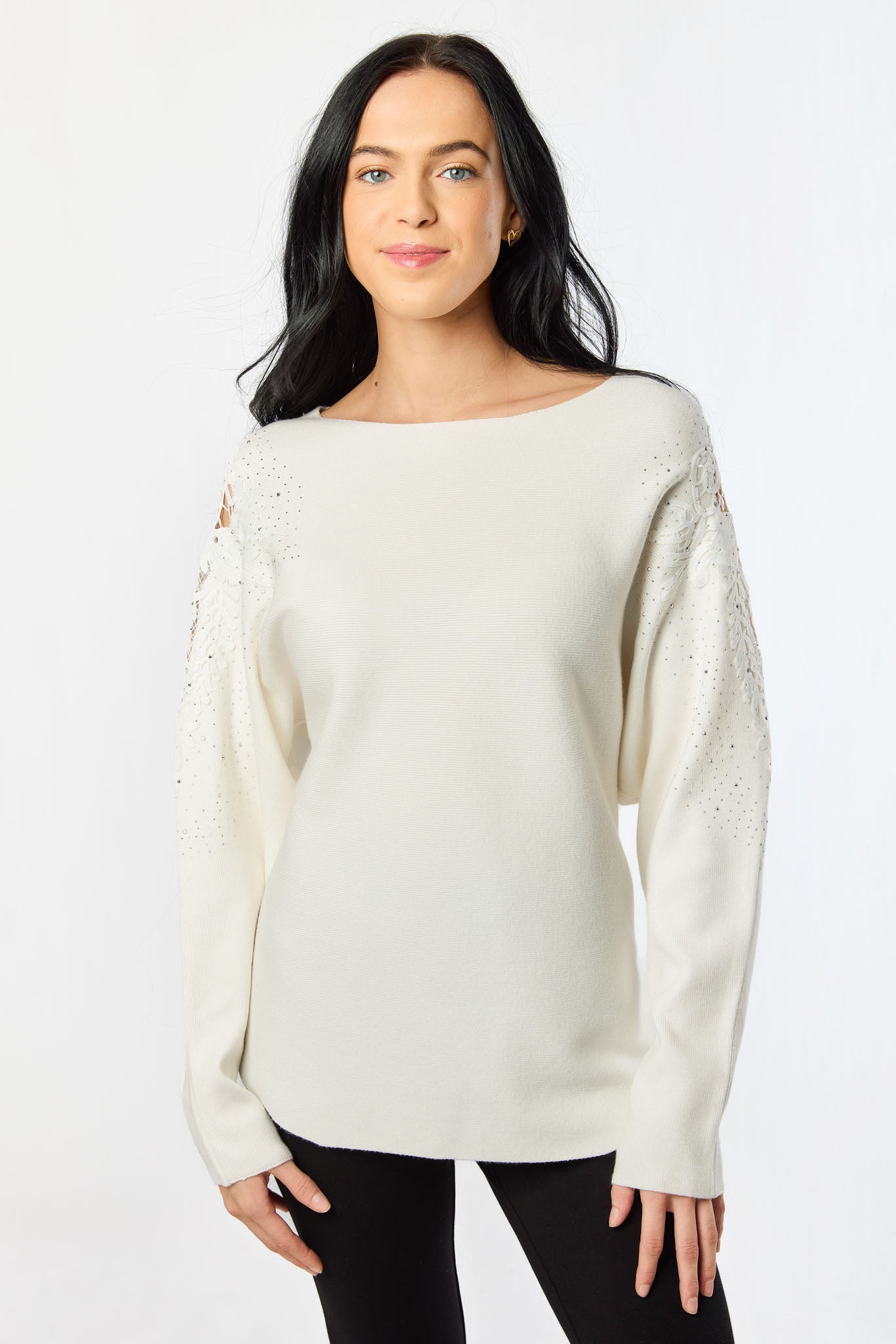 Crew-Neck Long-Sleeve Cold-Shoulder Sweater with Crochet Applique and Rhinestones