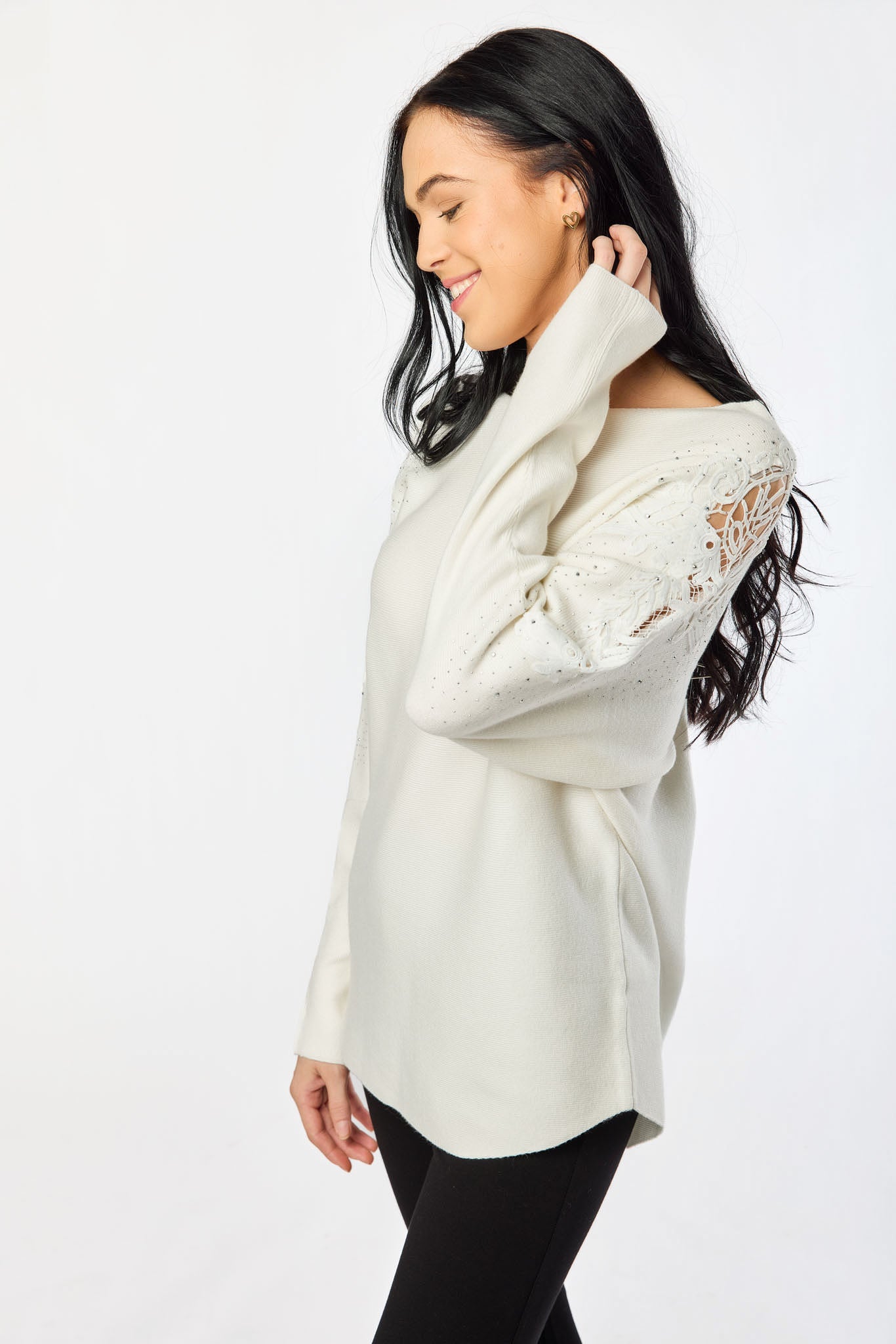Crew-Neck Long-Sleeve Cold-Shoulder Sweater with Crochet Applique and Rhinestones