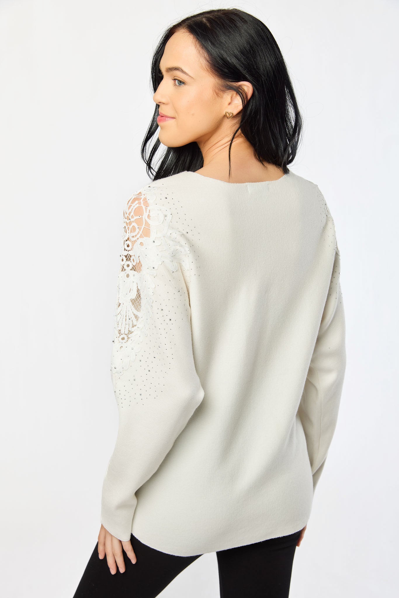 Crew-Neck Long-Sleeve Cold-Shoulder Sweater with Crochet Applique and Rhinestones