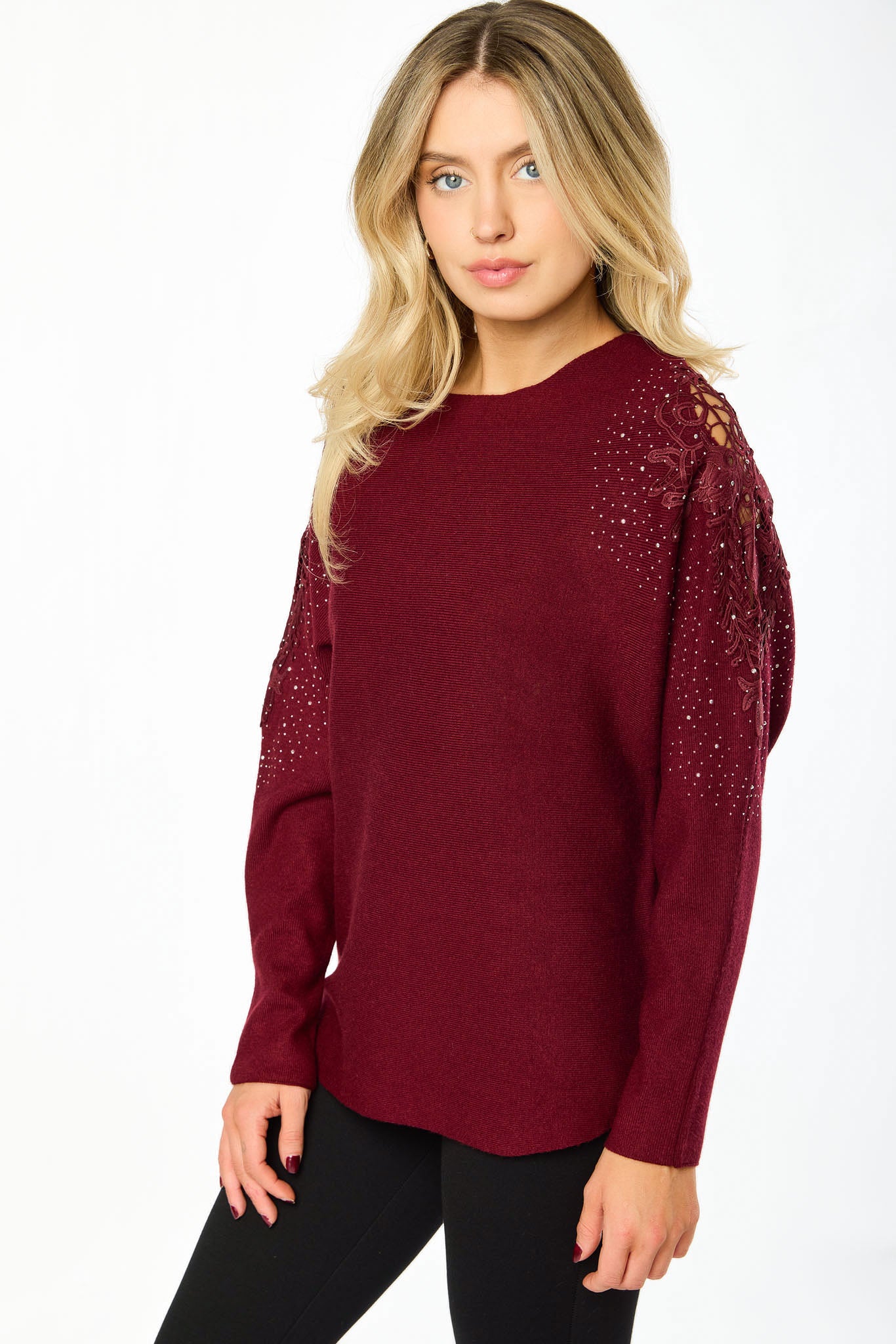 Crew-Neck Long-Sleeve Cold-Shoulder Sweater with Crochet Applique and Rhinestones