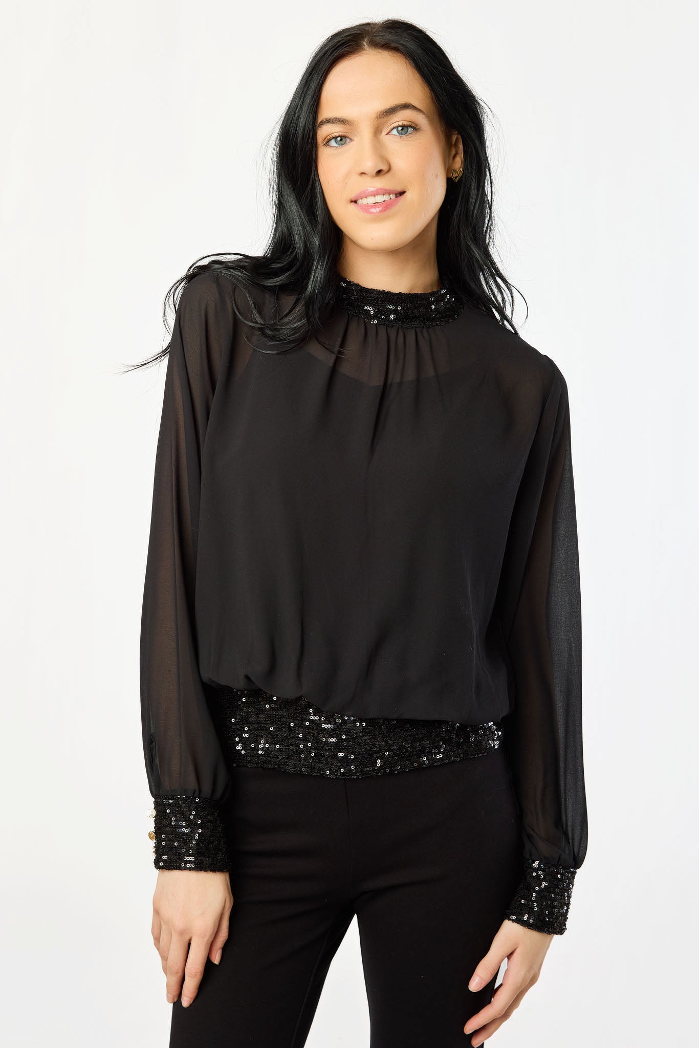 Chiffon Mock-Neck Balloon-Sleeve Blouse with Built-in Cami and Sequin Details
