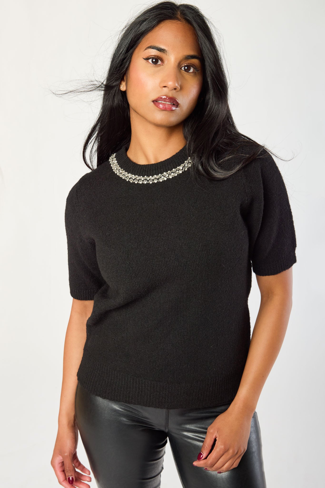 Crew-Neck Short-Sleeve Embellished Sweater