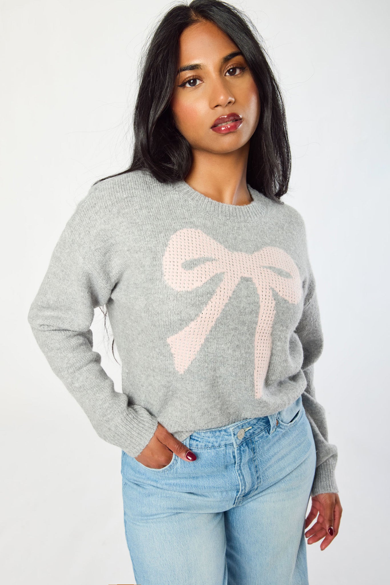 Rhinestone Bow Jacquard Sweater