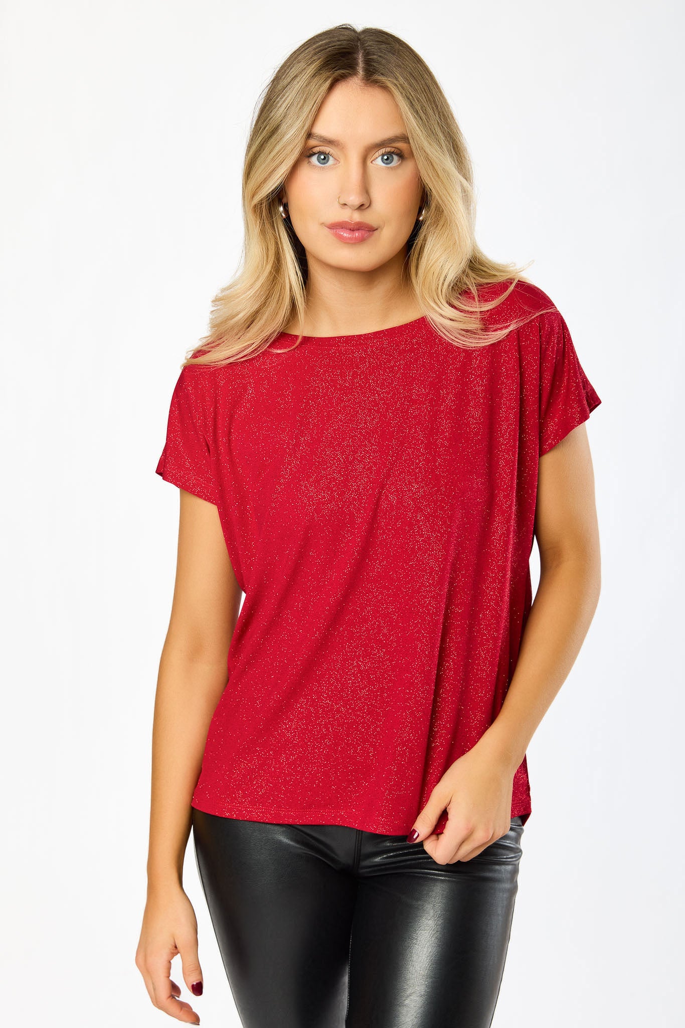 Glitter Scoop-Neck Short-Sleeve Top