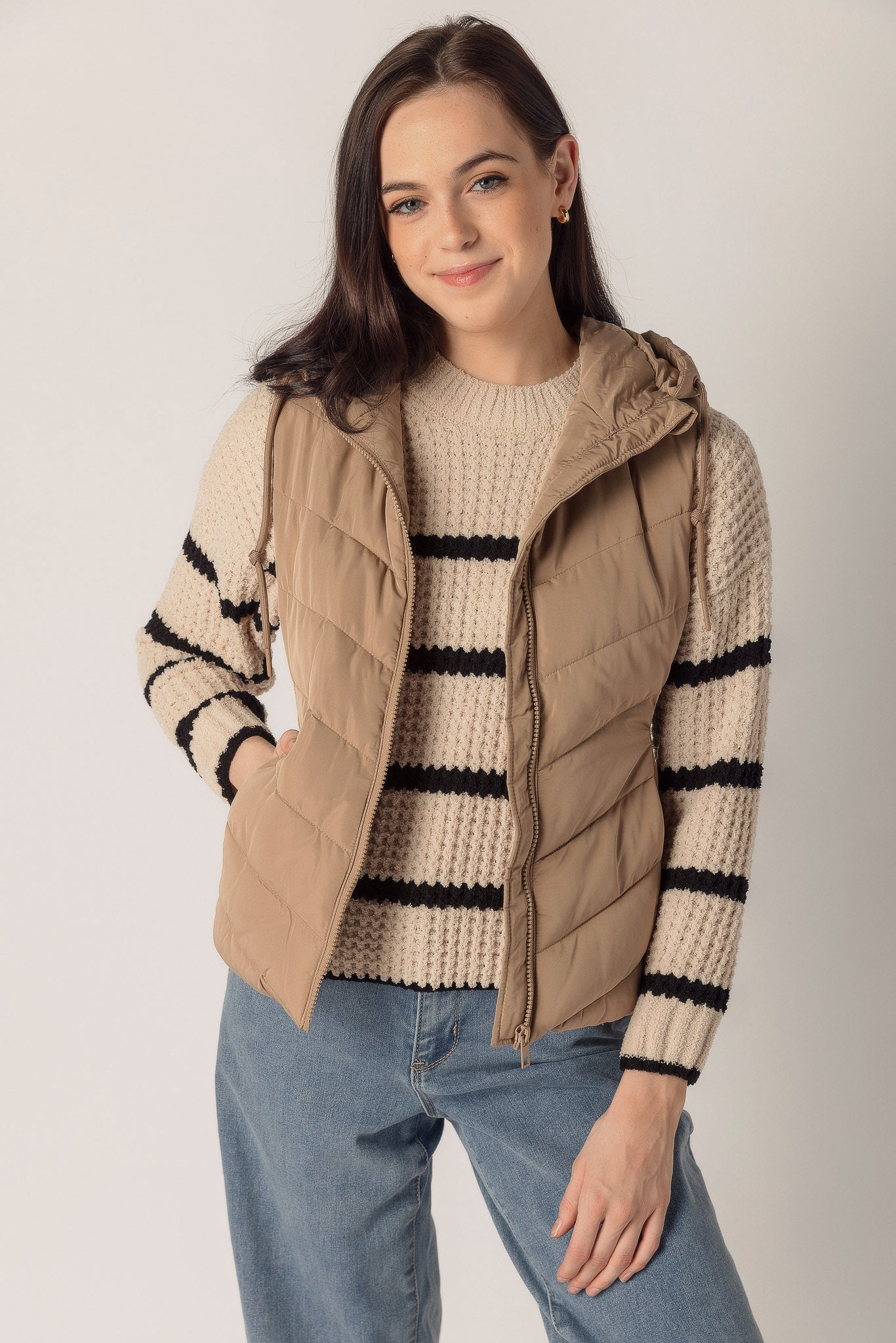 Puffer Hooded Vest with Knit Sides