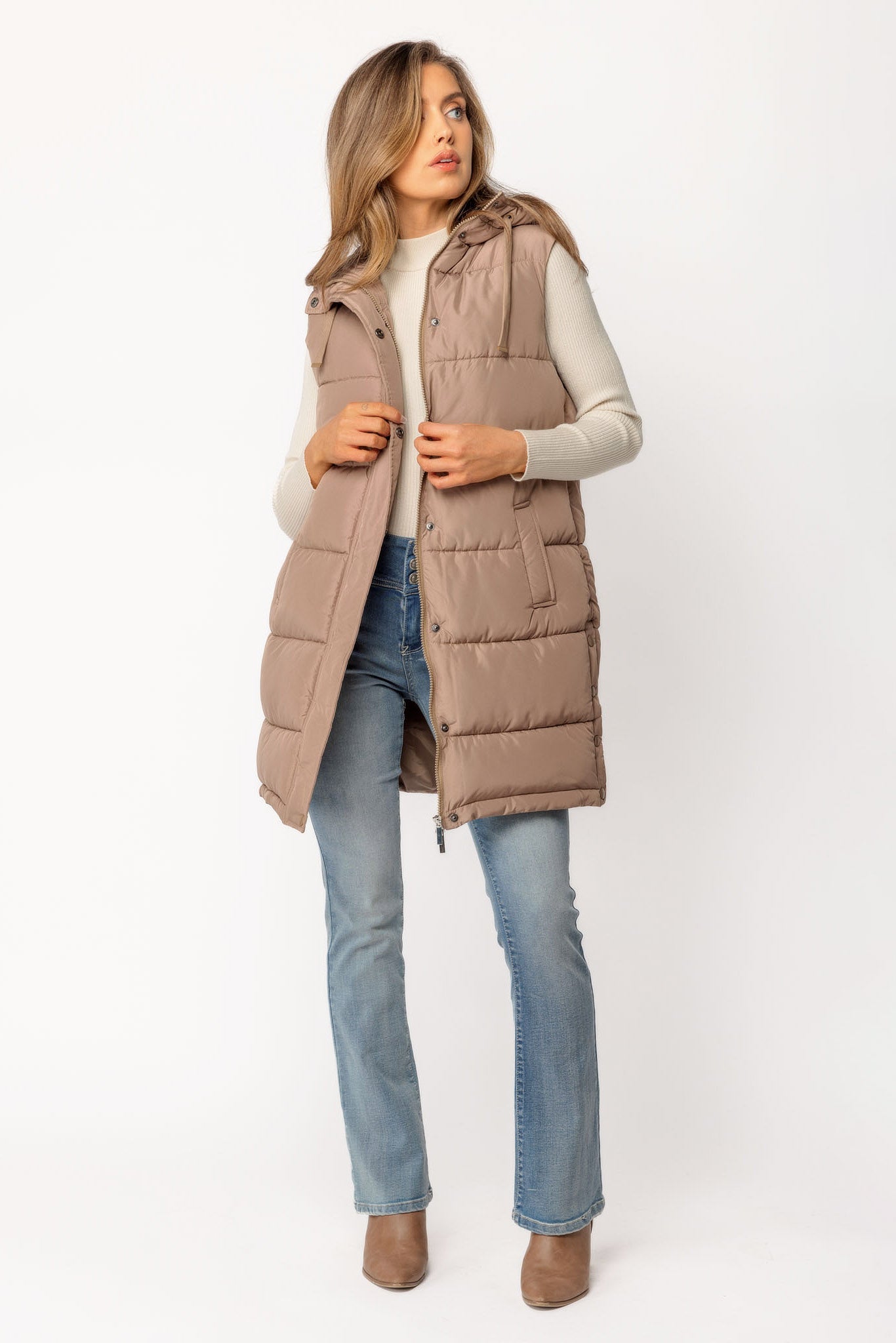 Hooded Midi Puffer Vest with Side Snaps