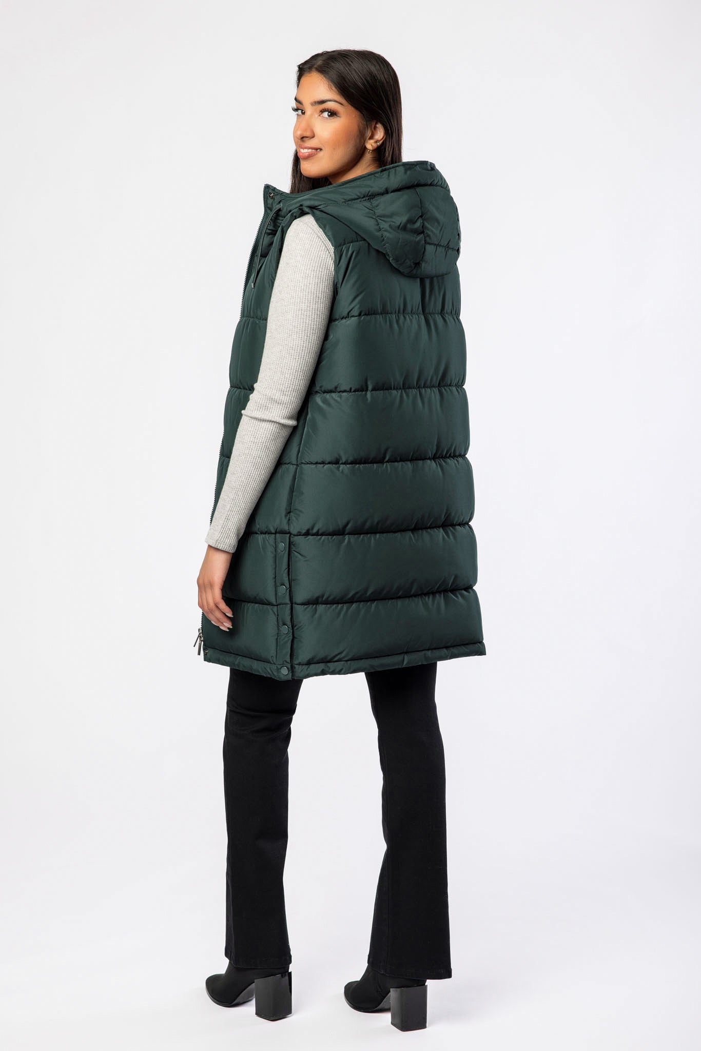 Hooded Midi Puffer Vest with Side Snaps