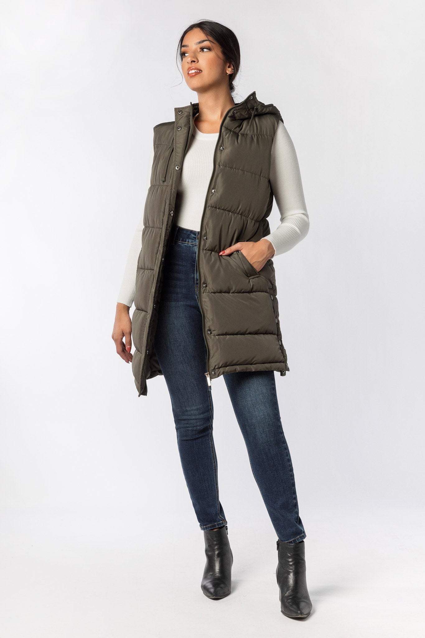 Hooded Midi Puffer Vest with Side Snaps