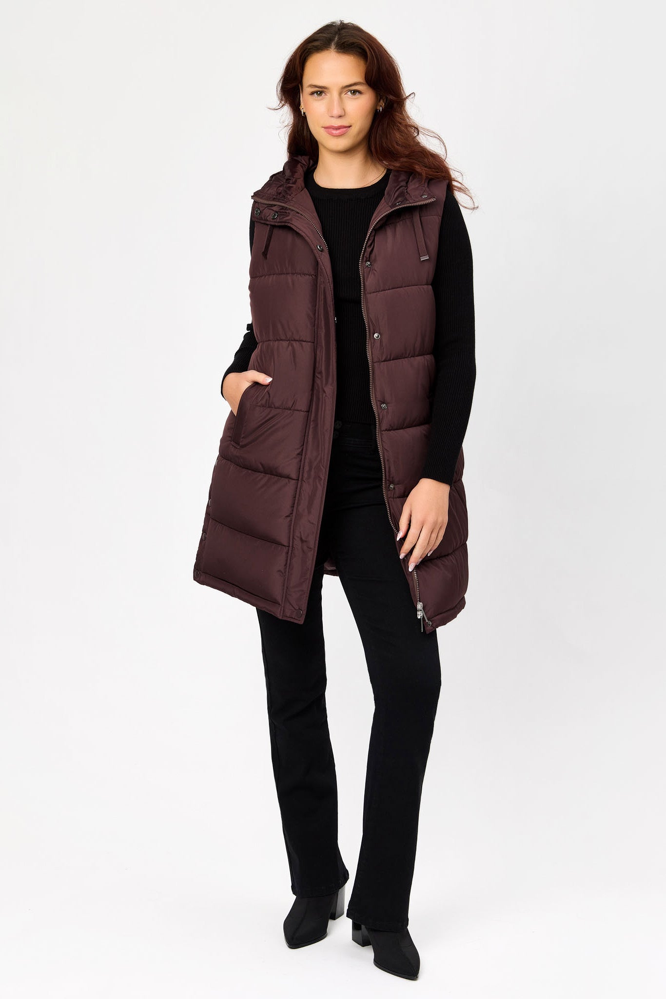 Hooded Midi Puffer Vest with Side Snaps