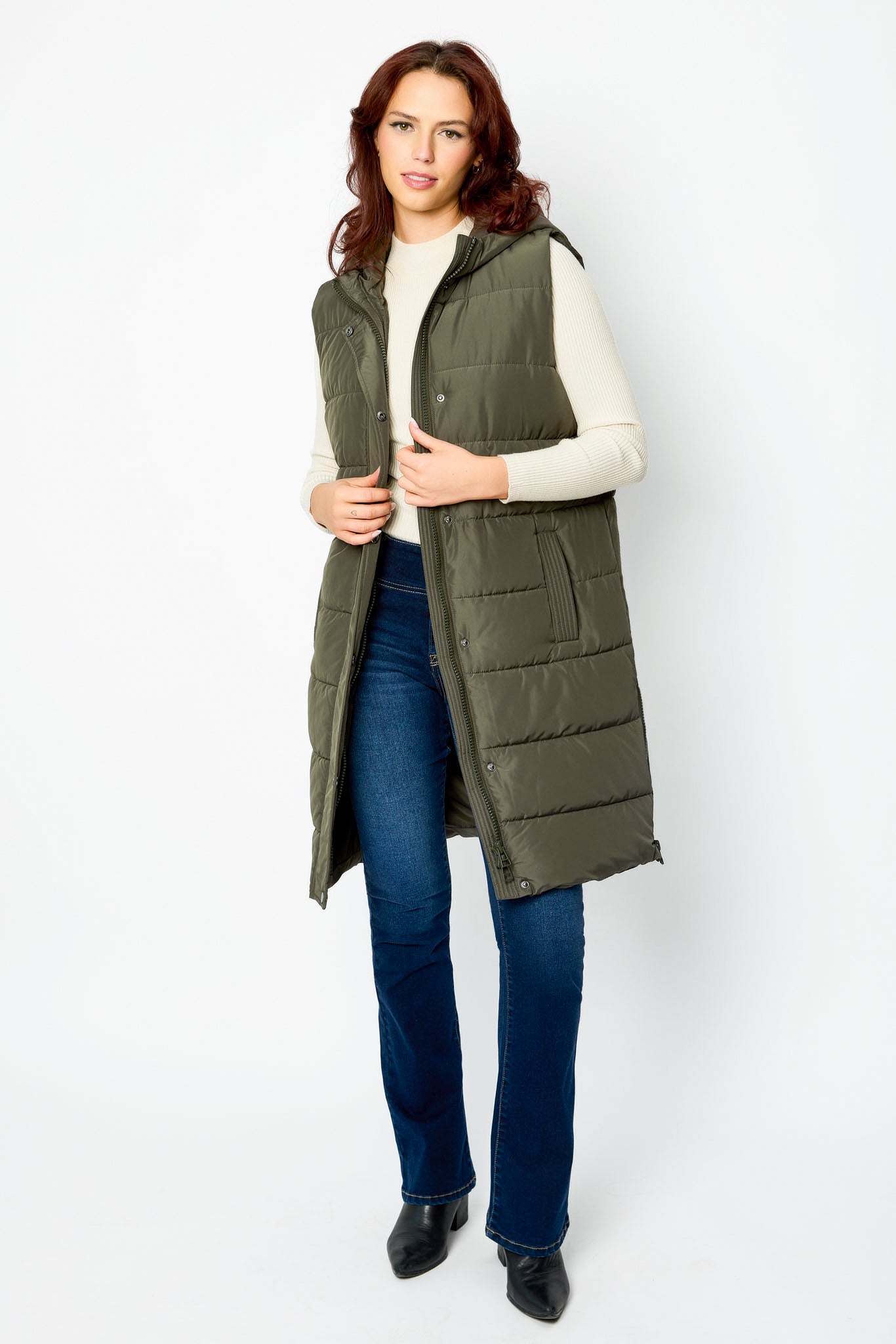 Hooded Midi Puffer Vest with Side Zippers