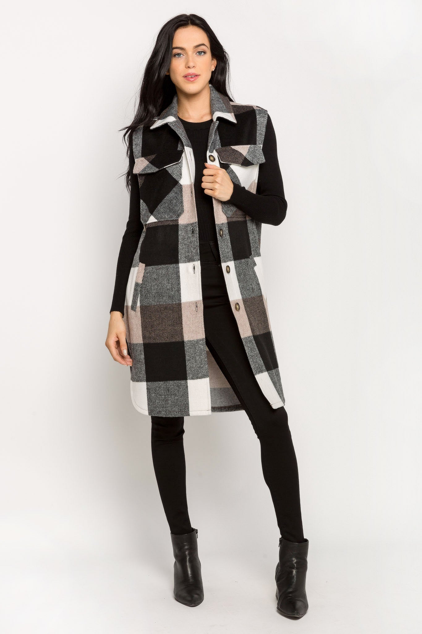 Manteau-chemise long sans manches à carreaux buffalo