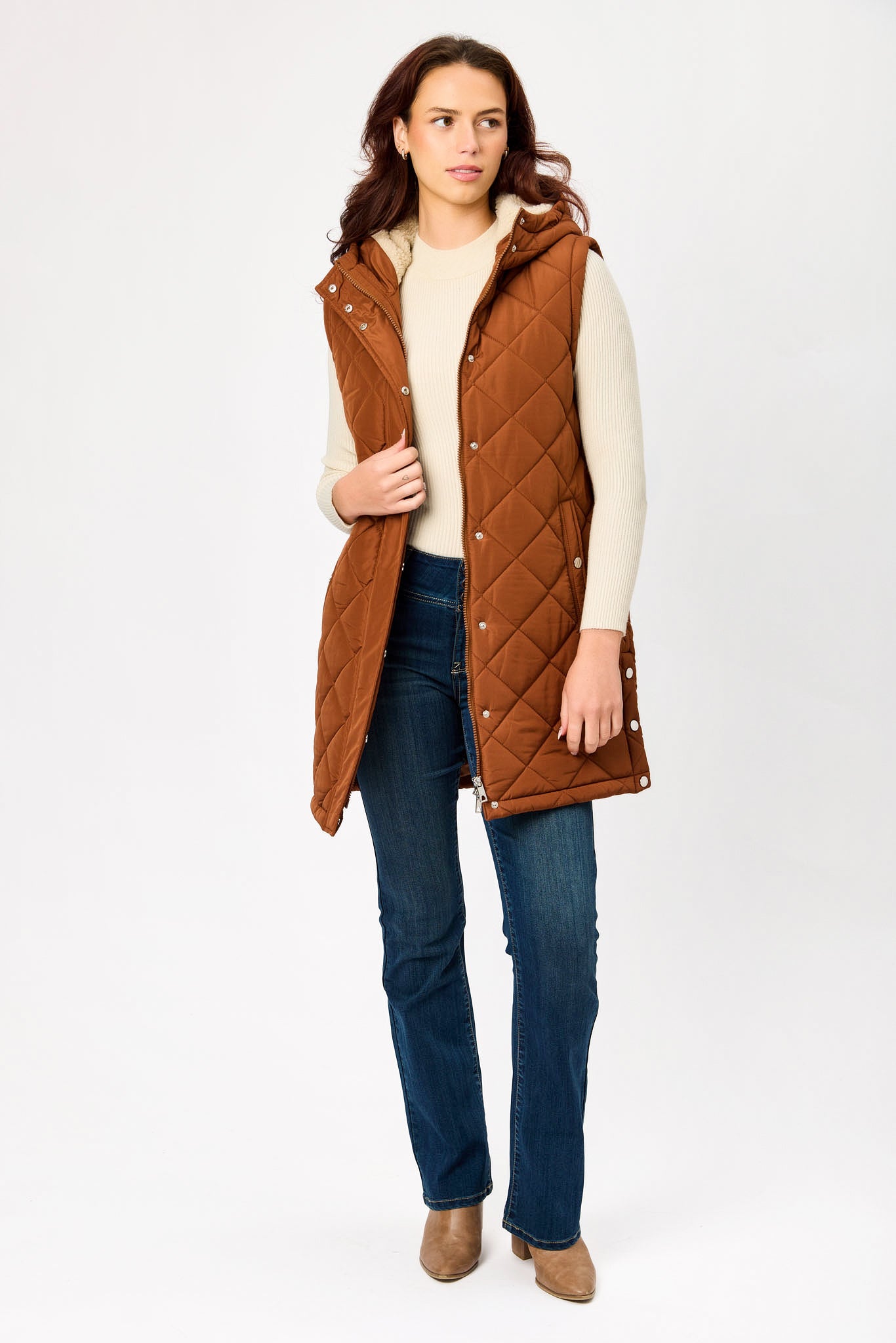 Quilted Puffer Midi Vest with Sherpa Lined Hood