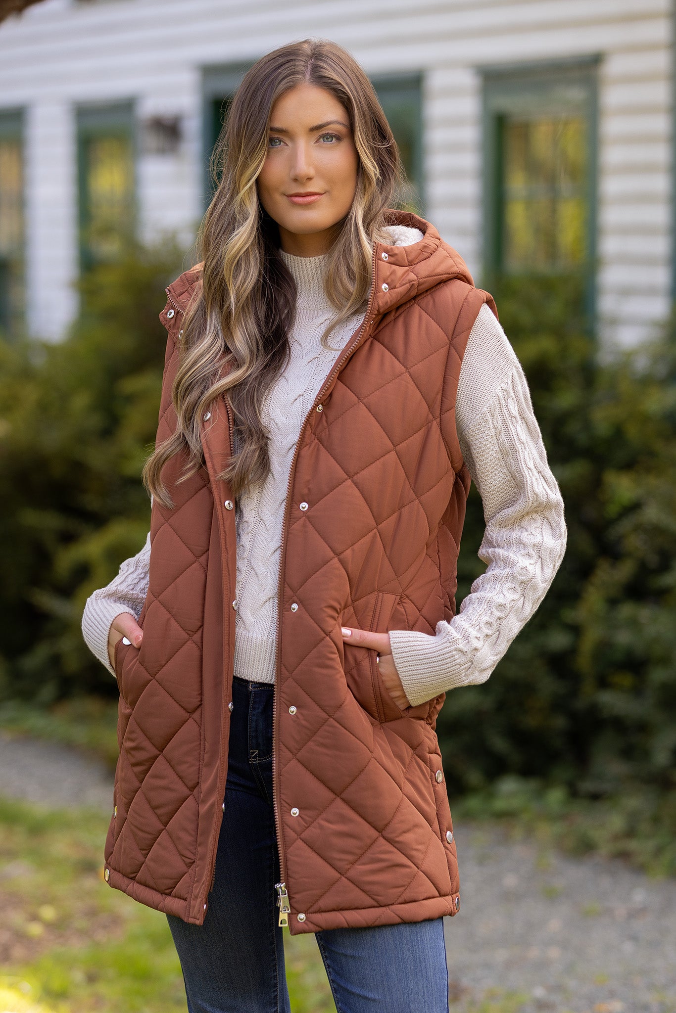 Quilted Puffer Midi Vest with Sherpa Lined Hood