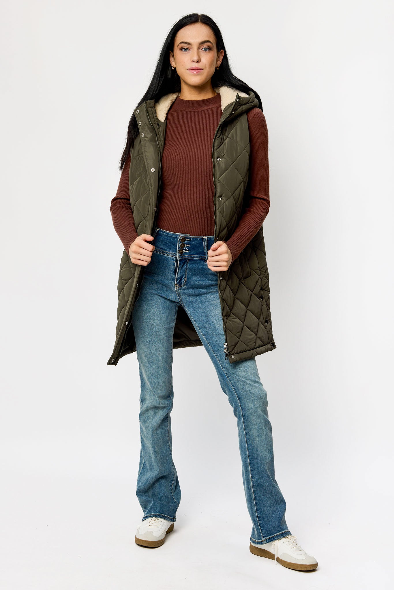 Quilted Puffer Midi Vest with Sherpa Lined Hood