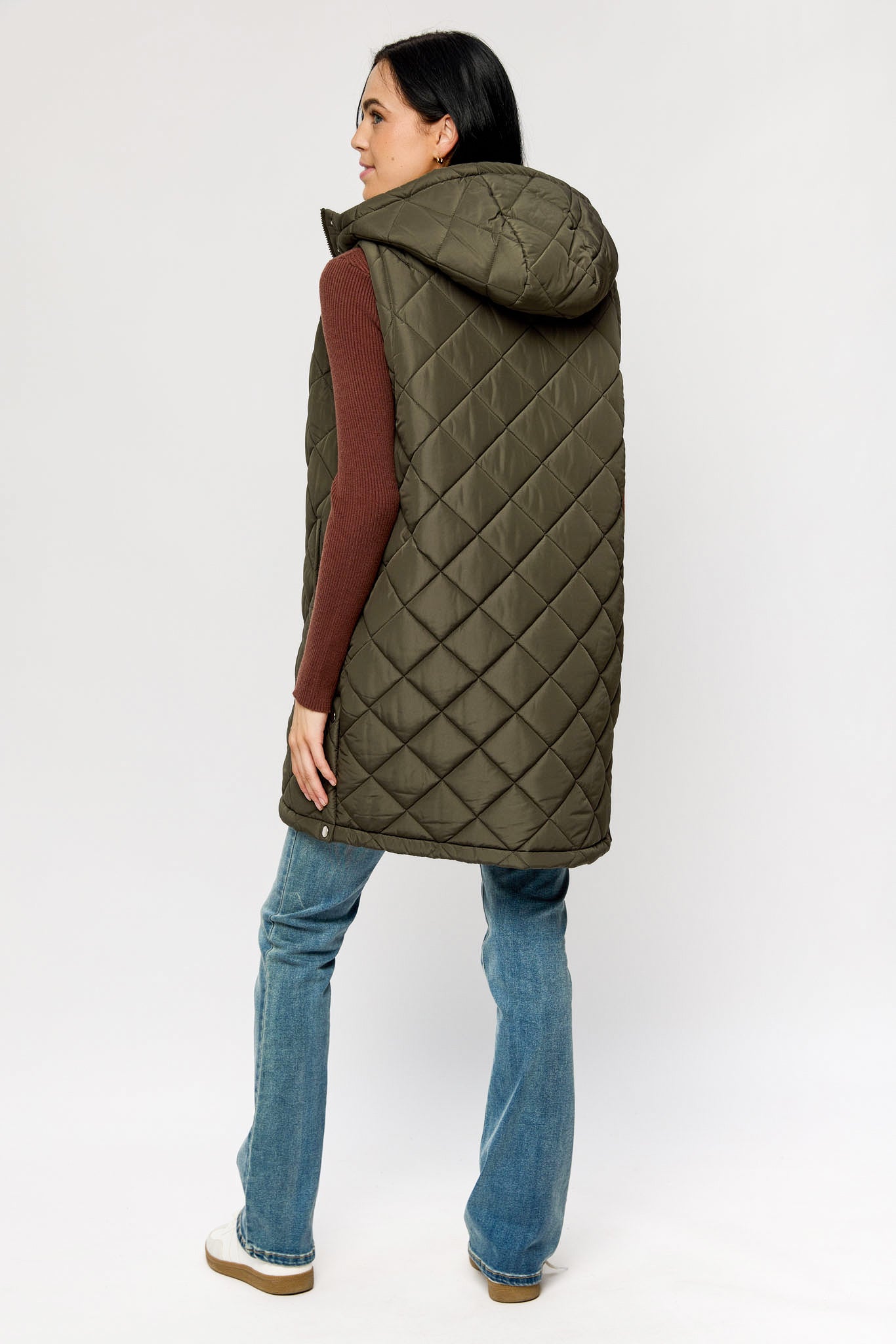 Quilted Puffer Midi Vest with Sherpa Lined Hood