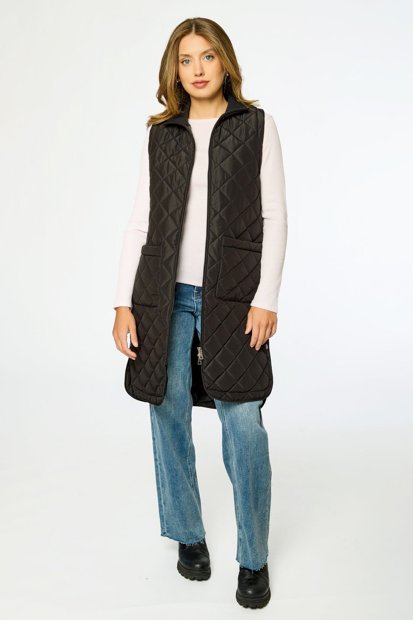 Diamond Quilted Long Puffer Vest with Ribbed Collar