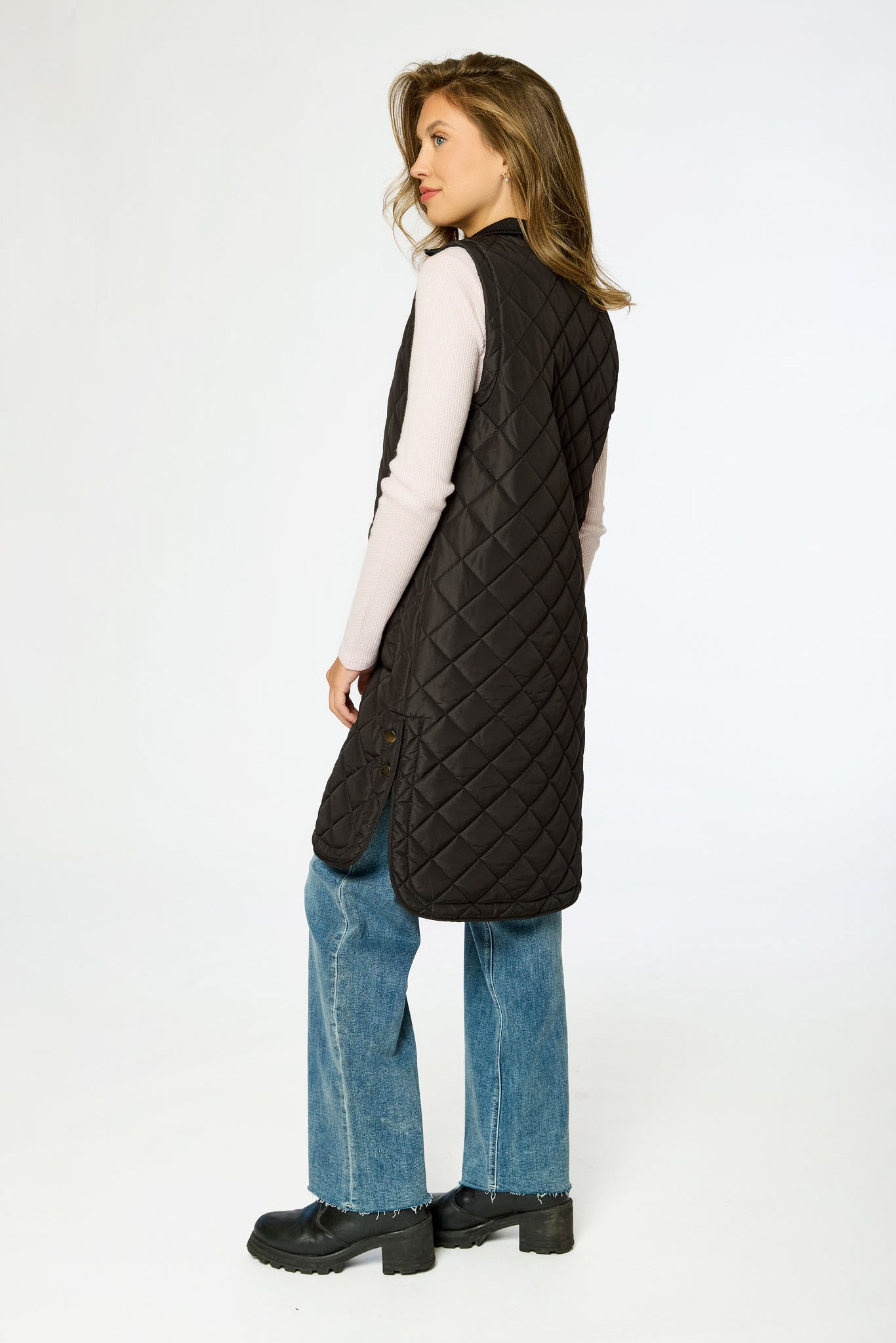 Diamond Quilted Long Puffer Vest with Ribbed Collar