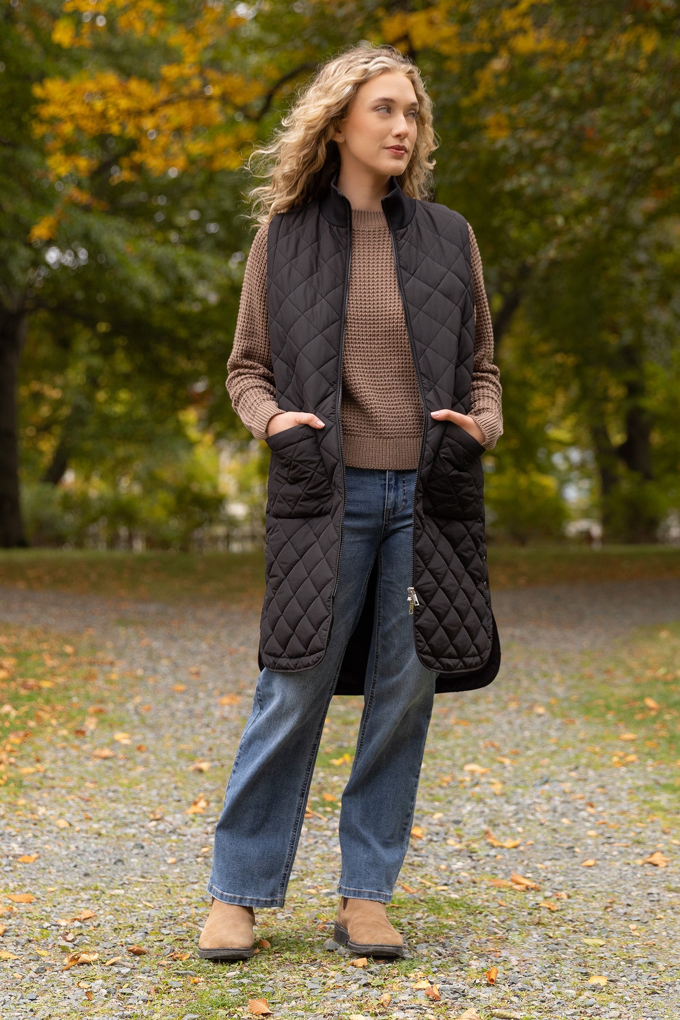 Diamond Quilted Long Puffer Vest with Ribbed Collar
