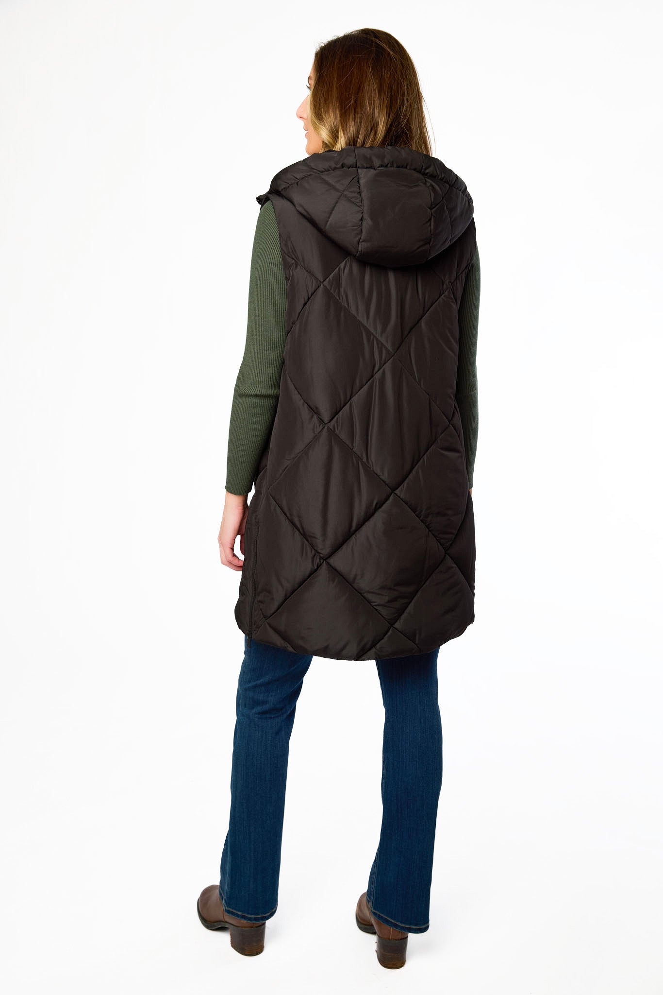 Diamond Quilted Long Puffer Vest with Hood and Side Zippers