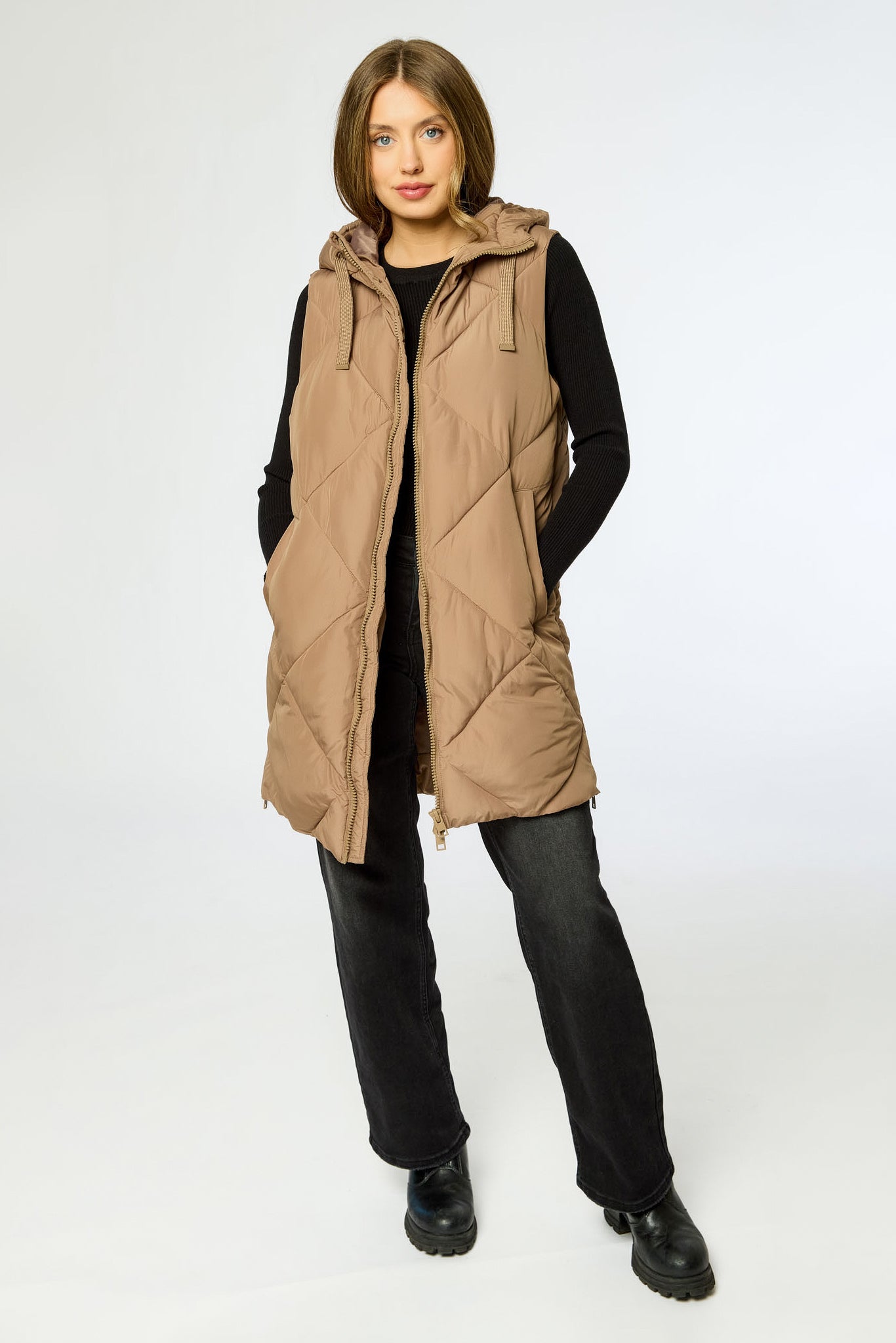 Diamond Quilted Long Puffer Vest with Hood and Side Zippers