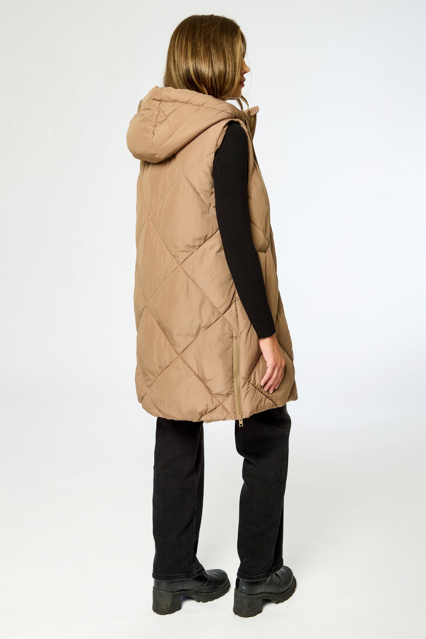 Diamond Quilted Long Puffer Vest with Hood and Side Zippers
