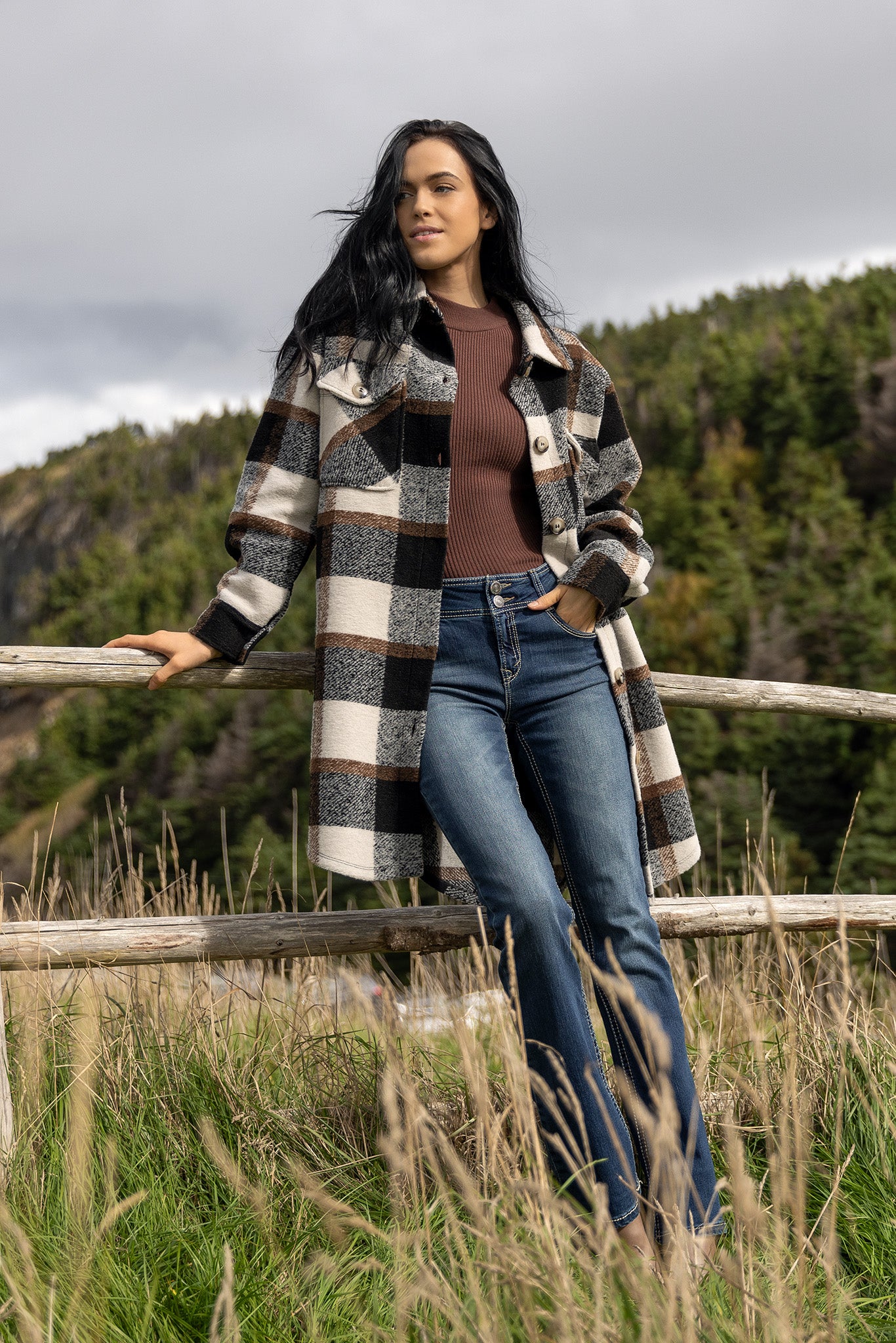 Manteau-chemise long en tricot à carreaux