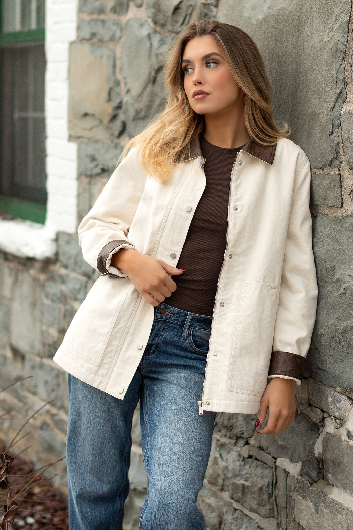 Faux-Leather Collar Canvas Barn Jacket – Eclipse
