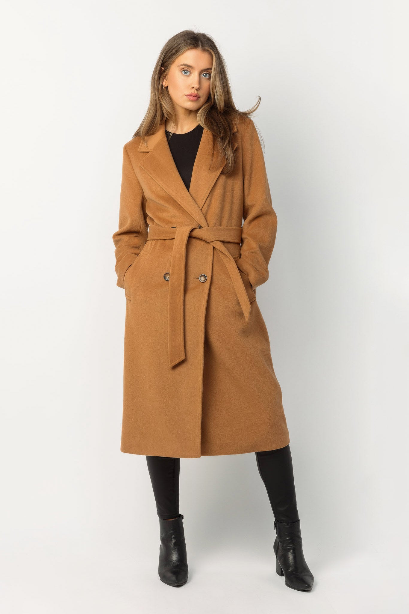 Camel Double Breasted Belted Coat Eclipse