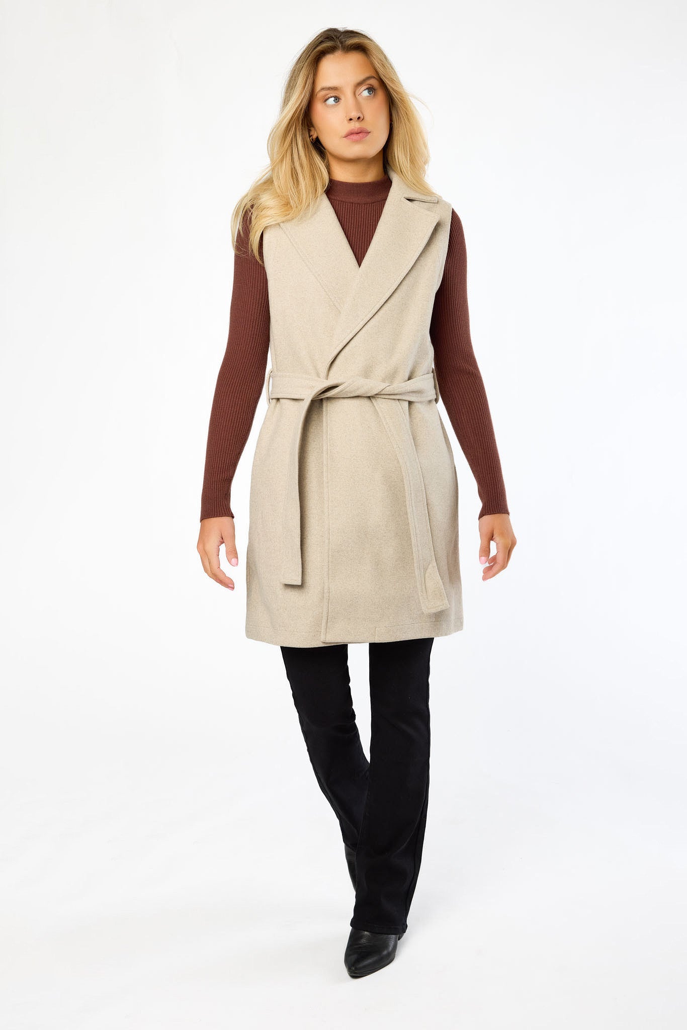 Brushed Faux Wool Vest with Tie-Belt