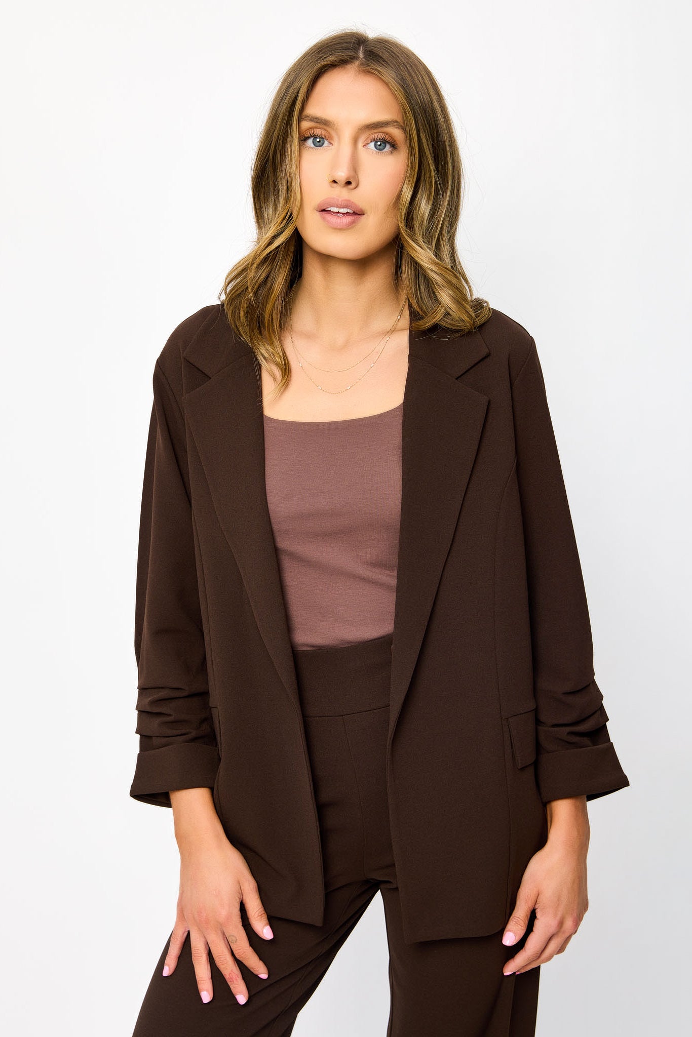 Stretch Crepe Blazer with Ruched Sleeves