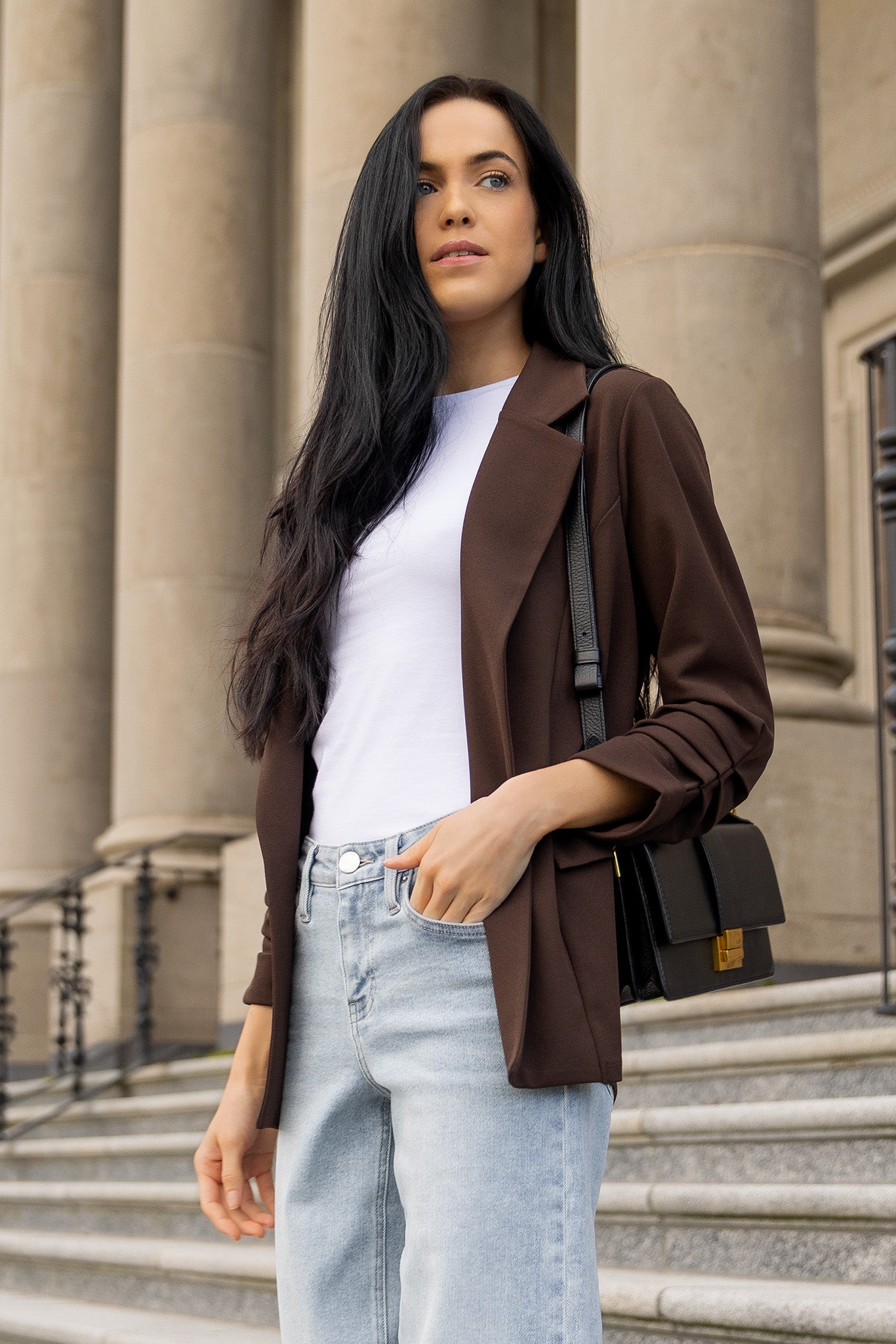 Stretch Crepe Blazer with Ruched Sleeves