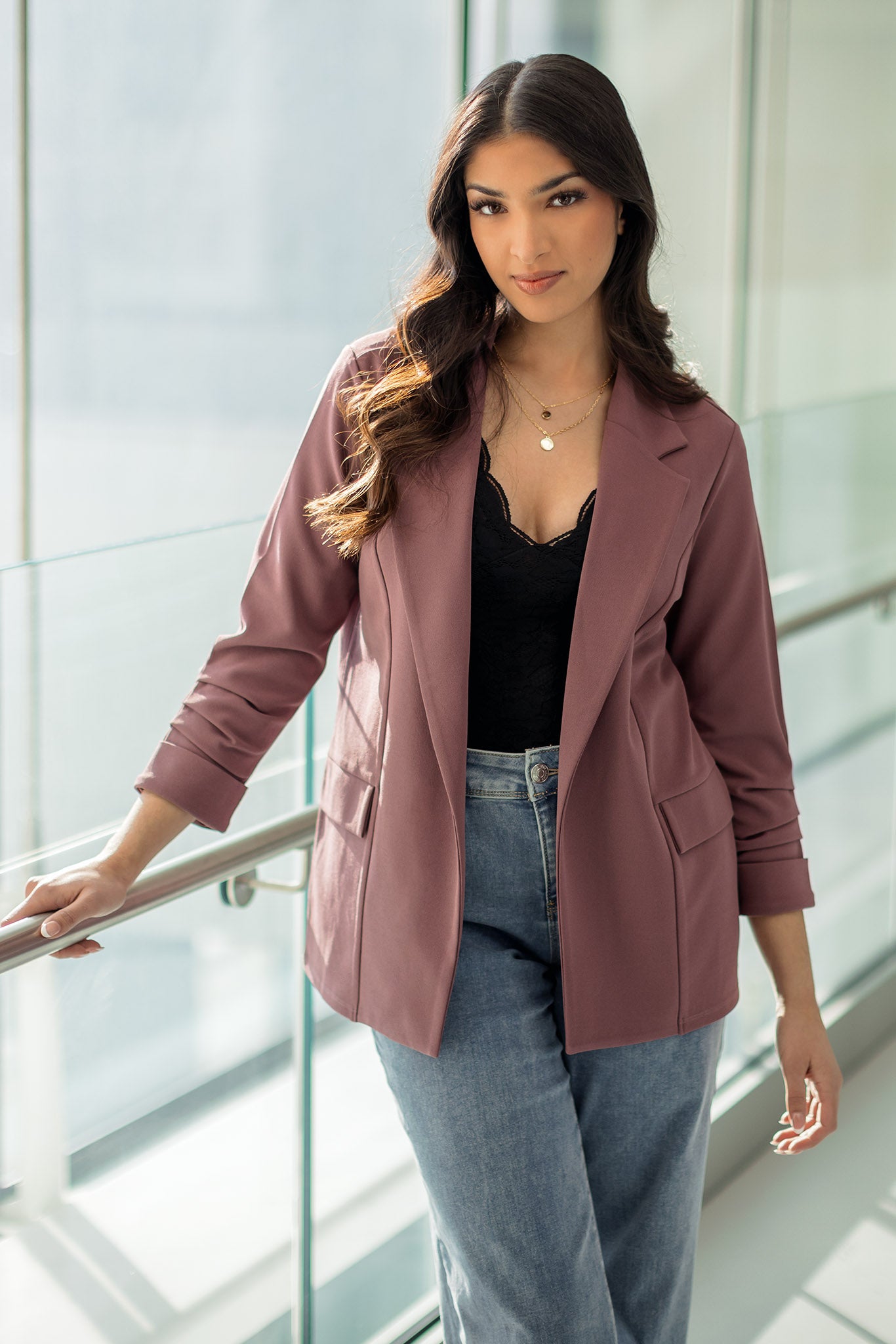 Stretch Crepe Blazer with Ruched Sleeves