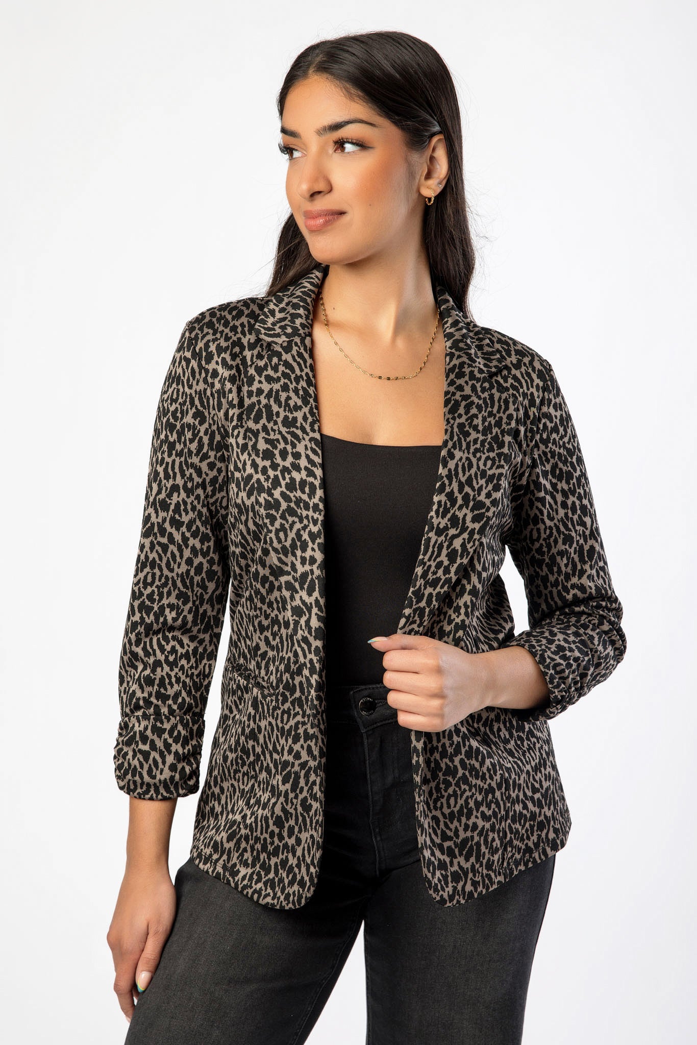 Animal Print Blazer with Ruched Cuffs